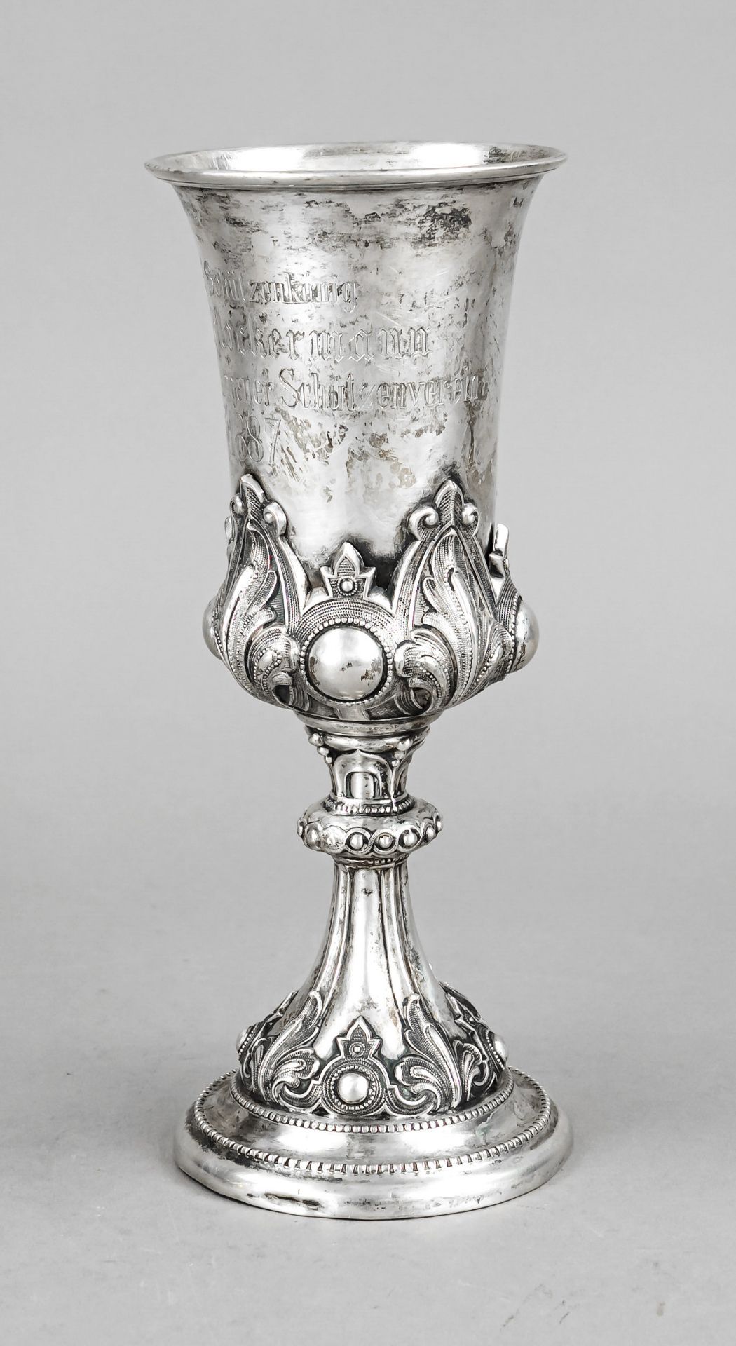 Goblet, German, late 19th century, silver tested, remnants of interior gilding, round domed stand,