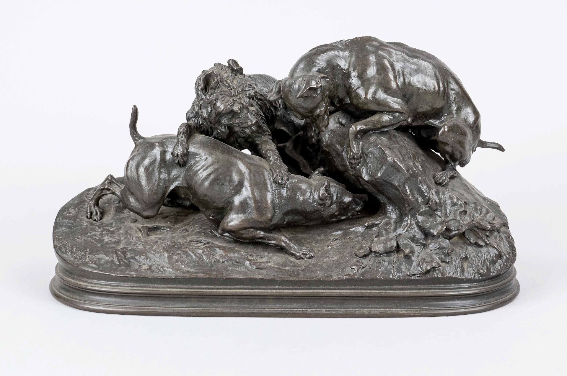 Pierre-Jules Mène (1810-1879), after, large hunting group of three dogs greedily crowding in front