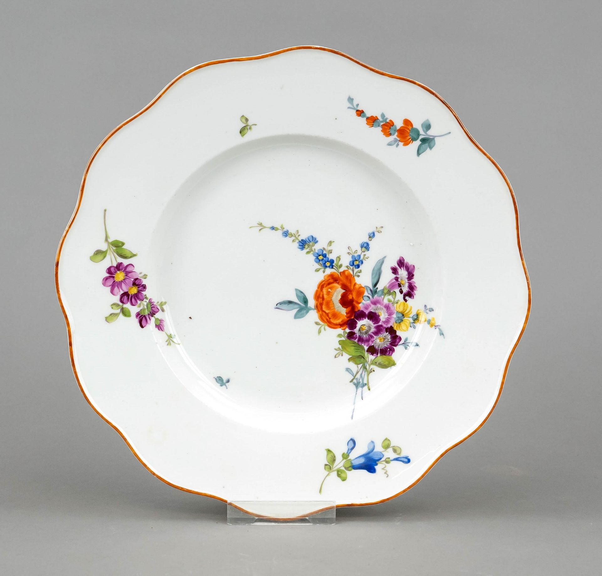 Plate, Meissen, mark 1740-1780, 1st choice, polychrome floral painting, wavy rim with brown outline,
