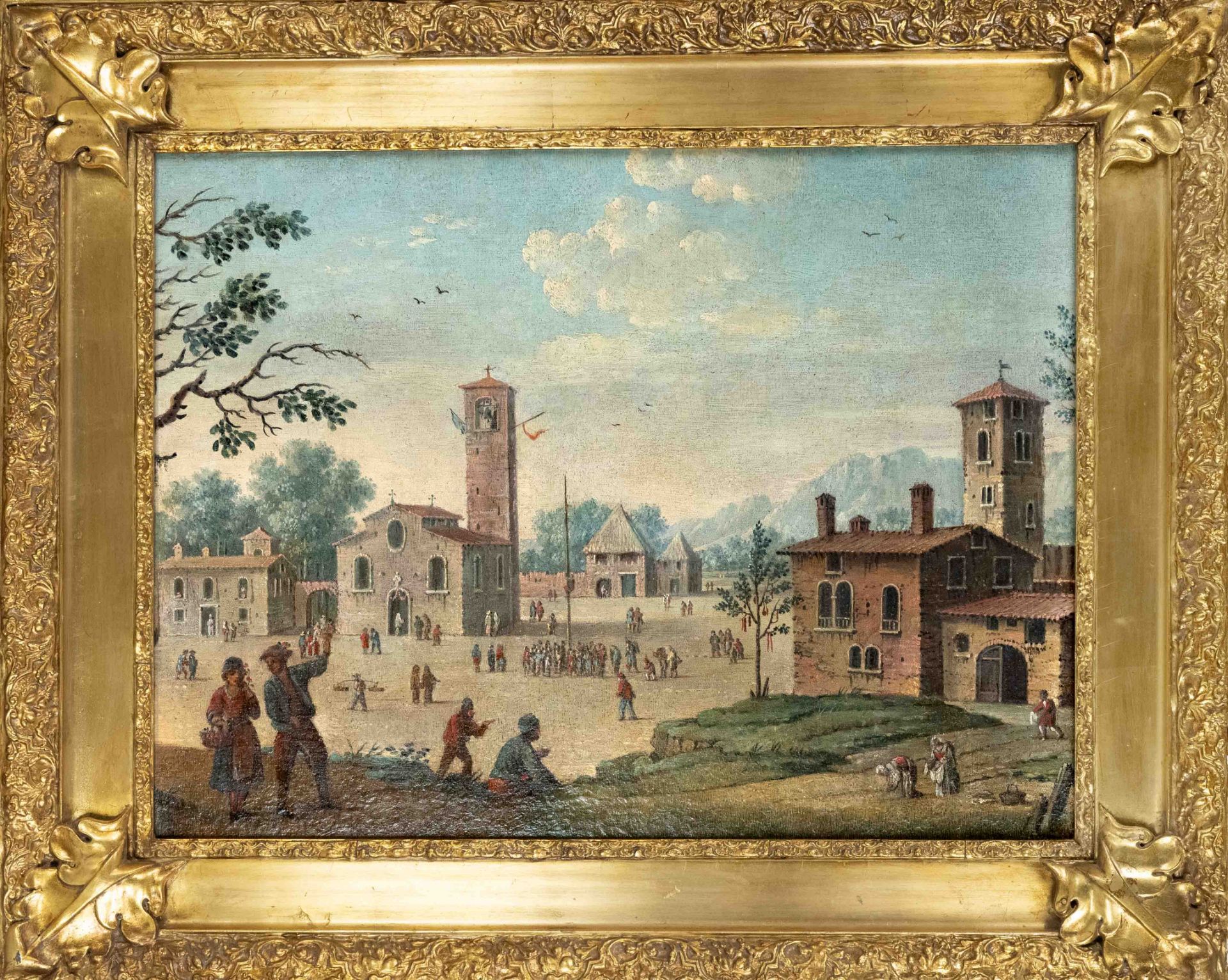 Italian painter of the 18th/19th century, large view of a village square with maypole and