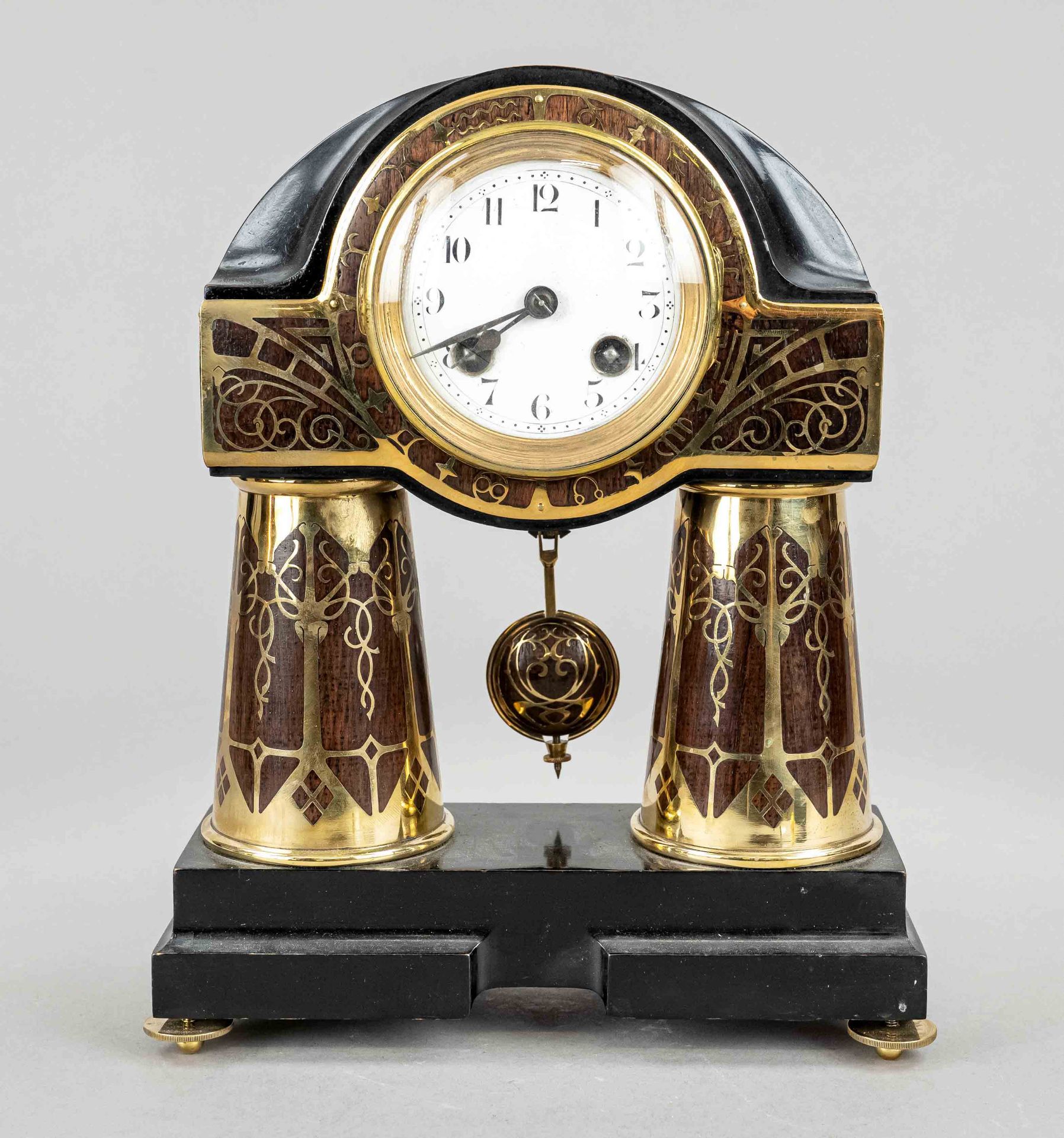 Erhard & Söhne table clock Schwäbisch Gmünd, art nouveau around 1910, ebonized wooden case, two