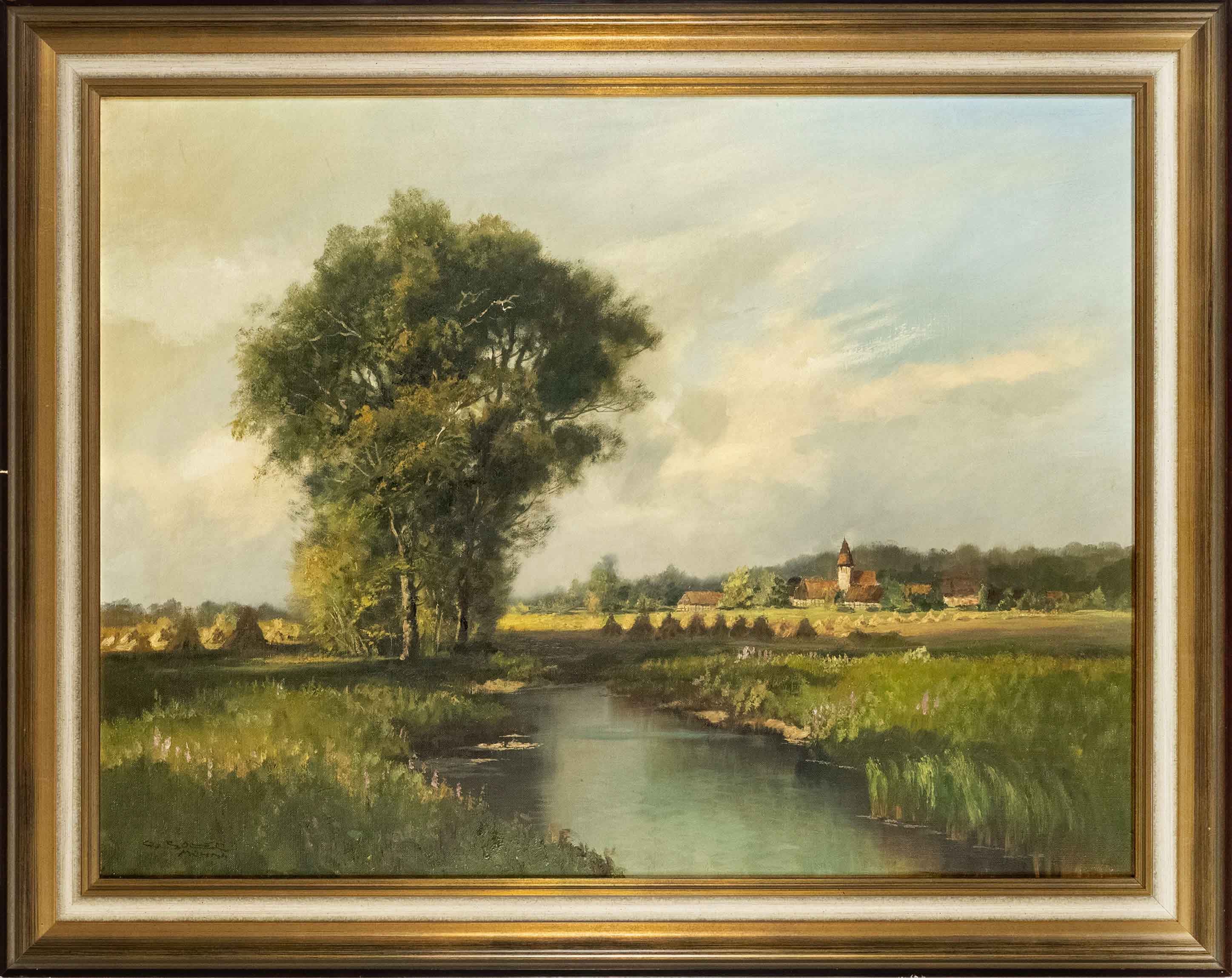 G. Soller, Munich painter mid-20th century, summer landscape with stream and view of a village in