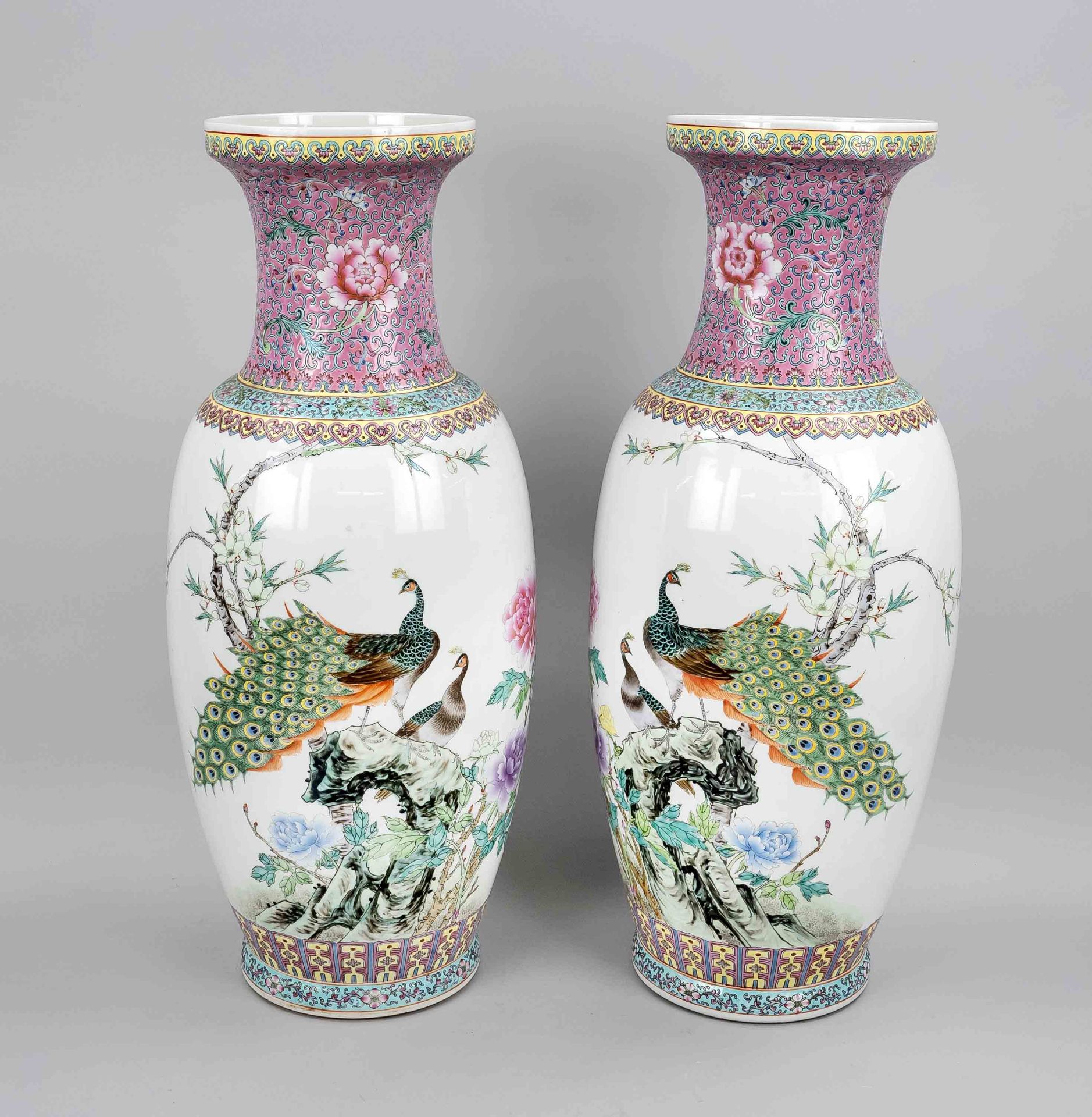 Pair of palace vases famille rose, China, Jingdezhen, 20th c., porcelain with polychrome enamel