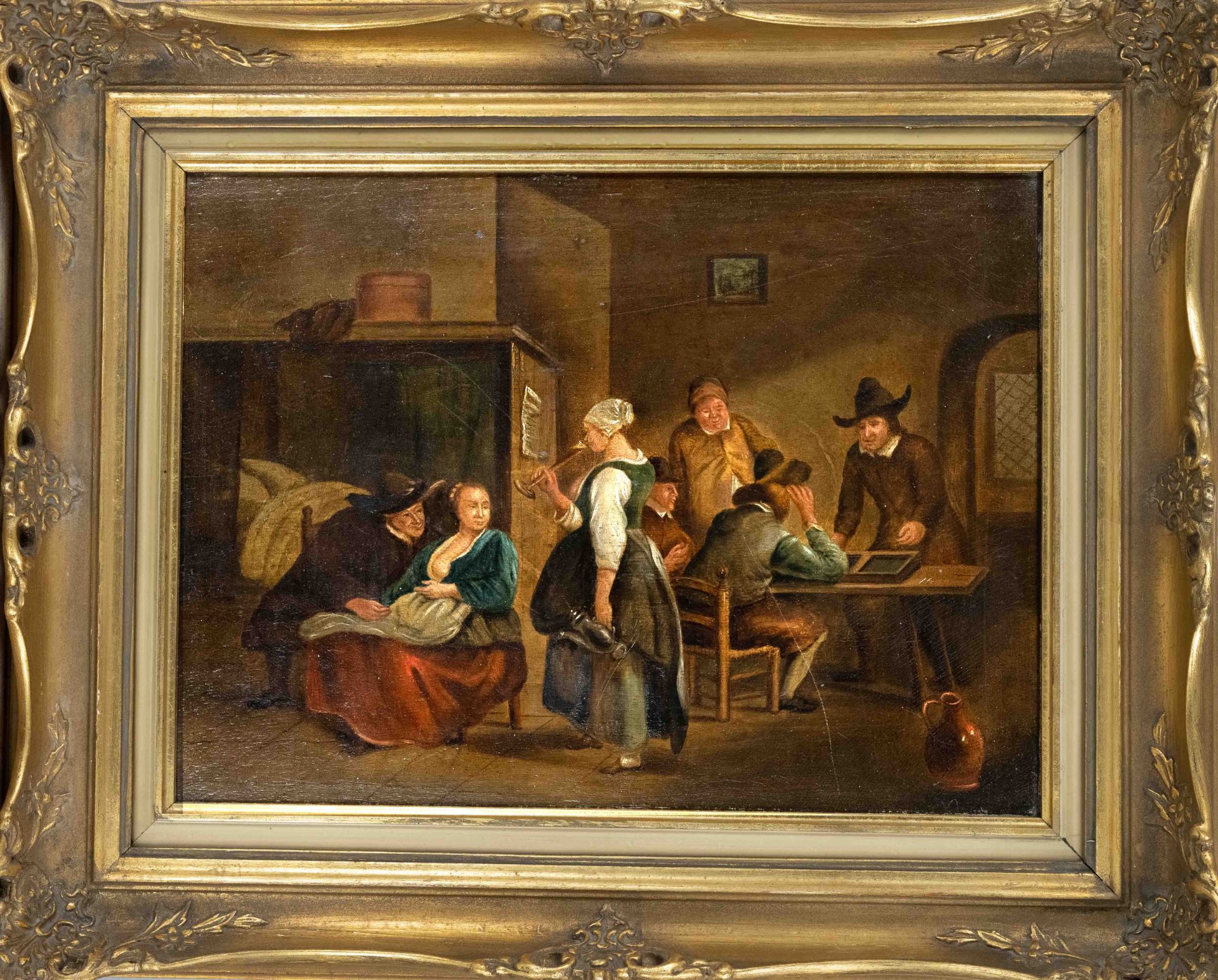 Dutch genre painter of the 18th century, Teniers succession, inn scene, oil on wooden panel,