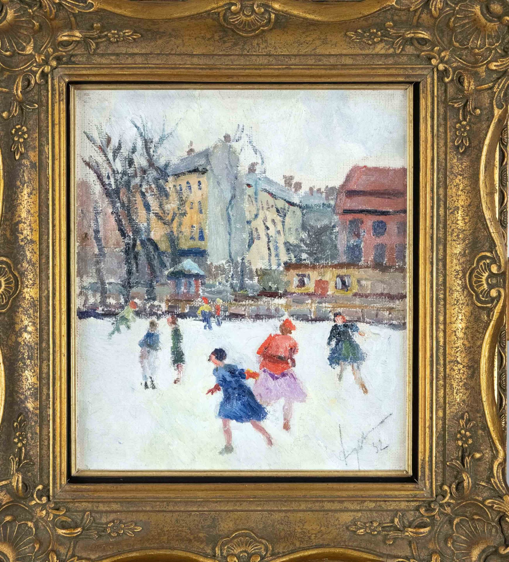 Unidentified Impressionist c. 1930, Children skating in an urban environment, oil on canvas,