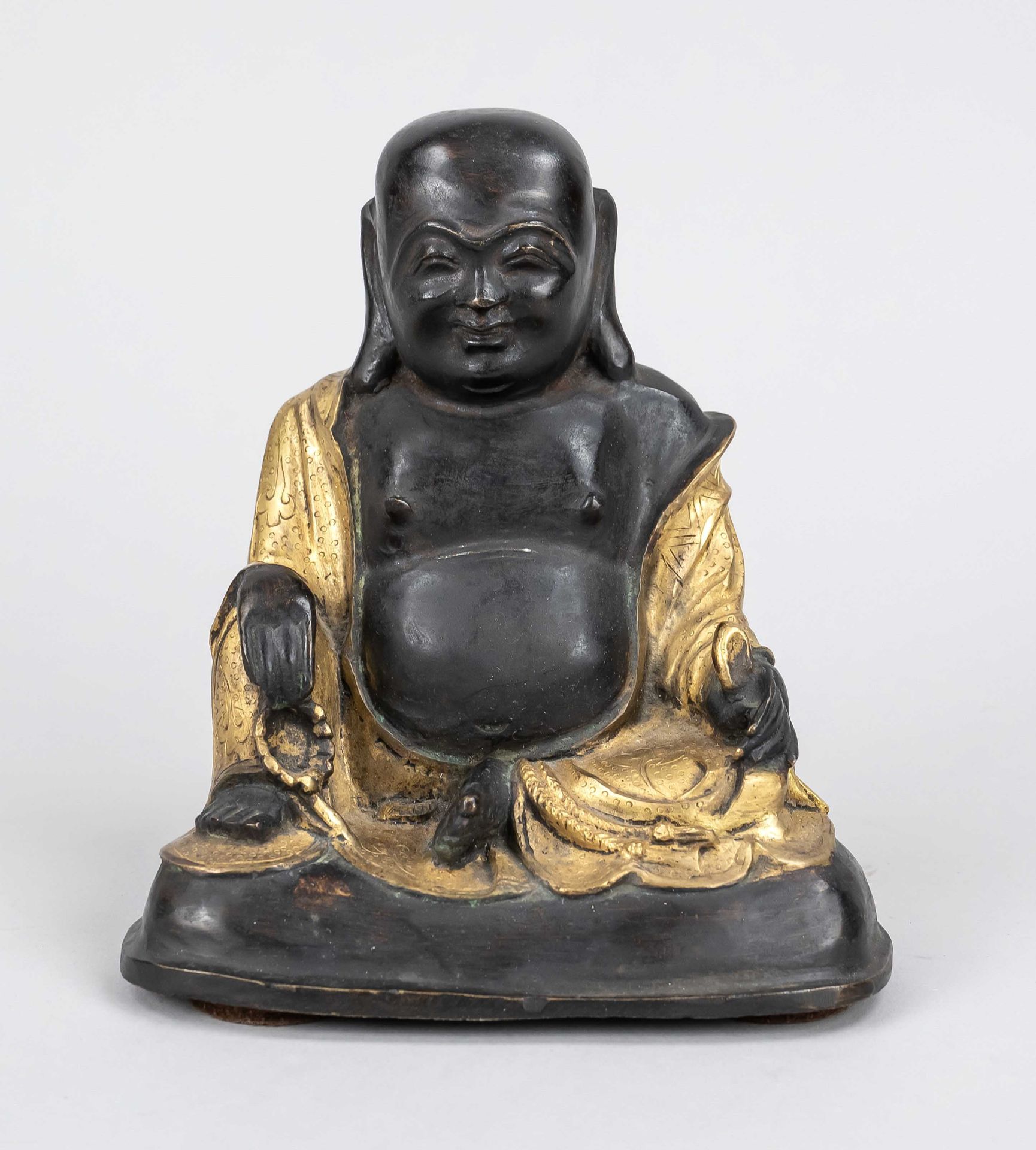 Big belly Buddha, China, 20th century, bronze partly gold optics, Hotei/Budai, h 17cm