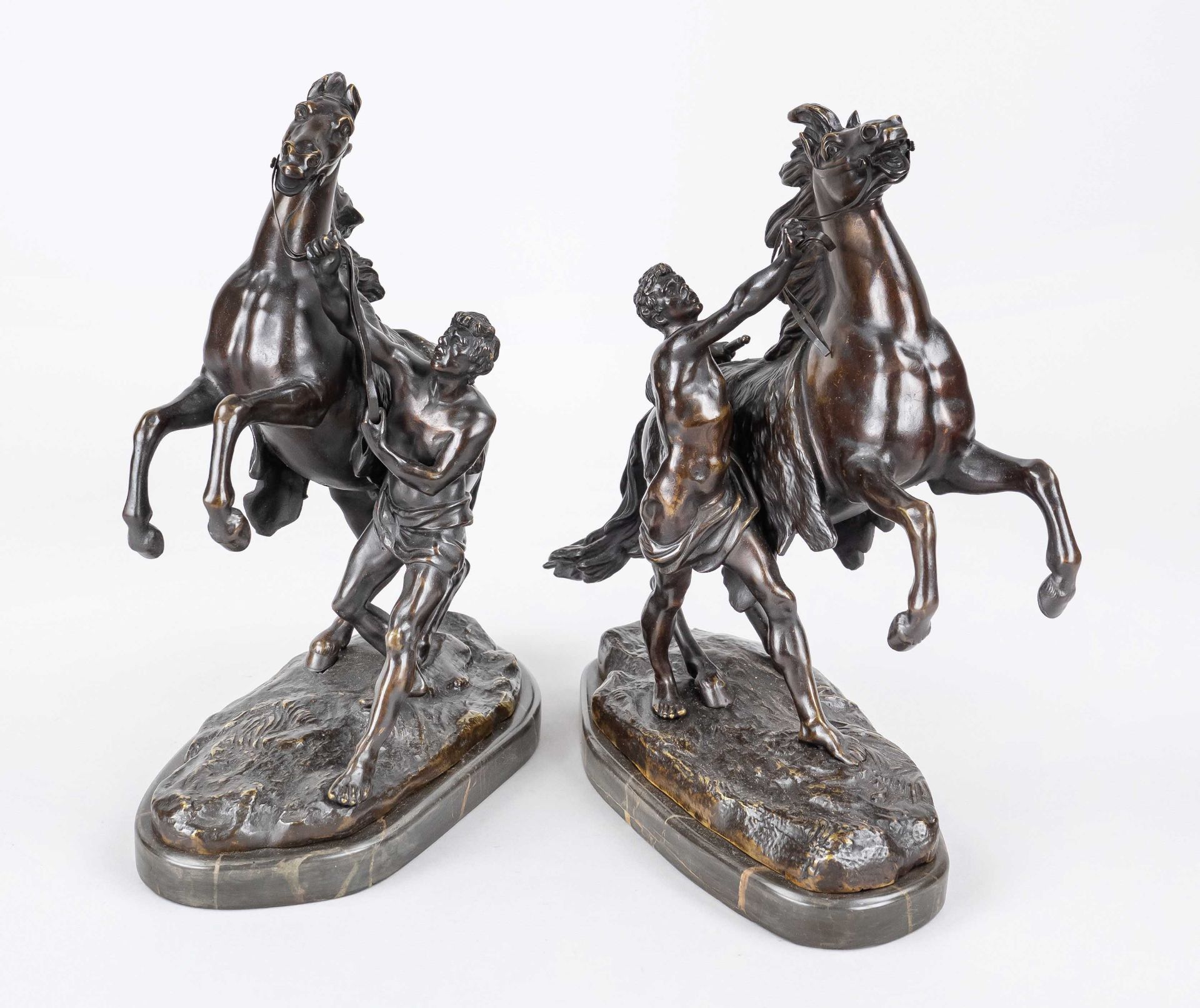 Guillaume Coustou (1677-1746), after, 'Pair of horses of Marly', 19th century, bronze with dark