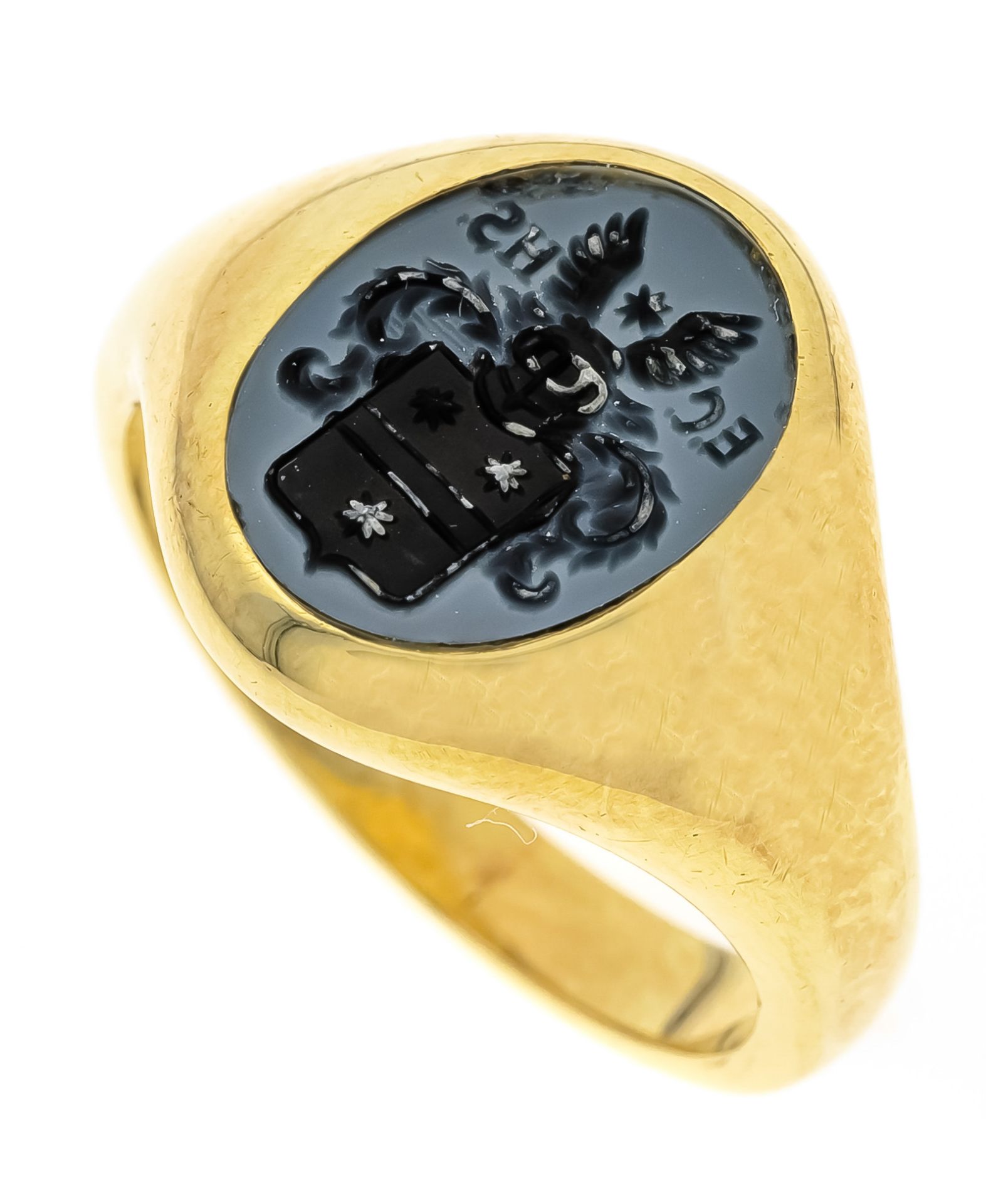 Coat of arms seal ring GG 585/000 with a cut coat of arms in an oval blue layer stone 12 x 9 mm,