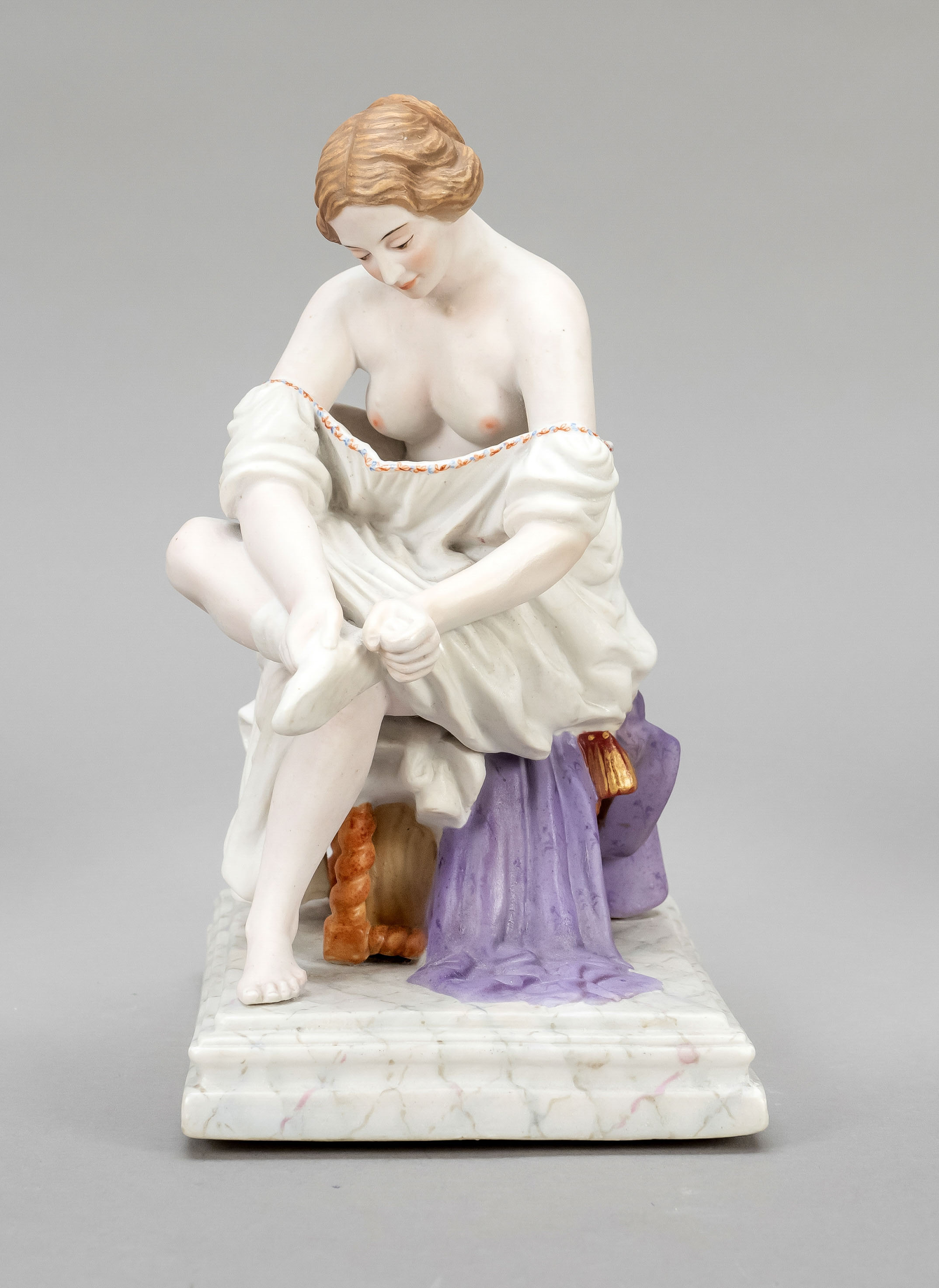 Erotic figure of a girl, w. Gardner, Moscow, late 19th c., young girl sitting on a stool upholstered