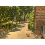 Unidentified painter c. 1900, Chicken yard, oil on canvas marouflaged on hardboard, indistinctly