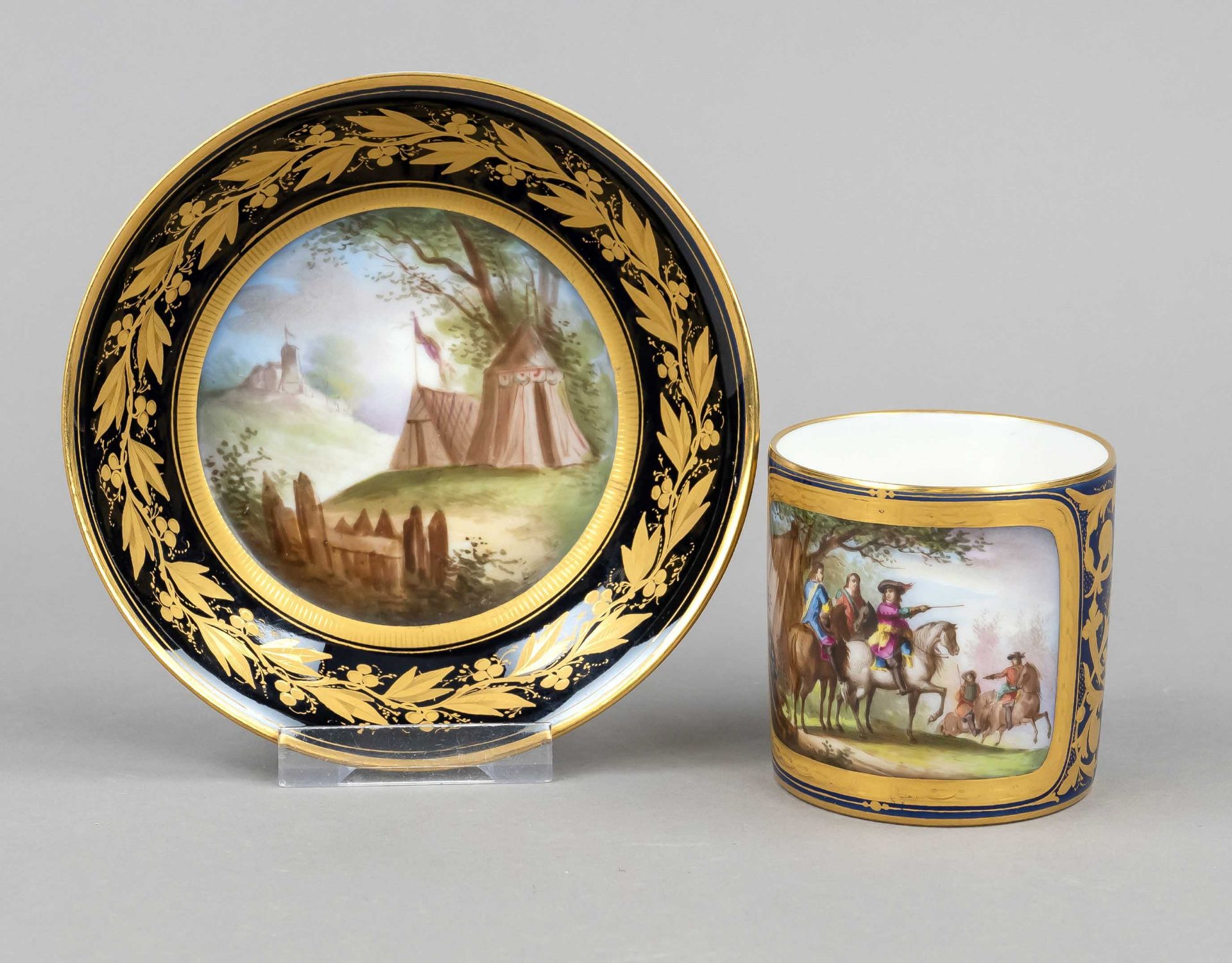 Cup and saucer, France, 19th century, Sevres imitation mark, cylindrical form, front reserve with