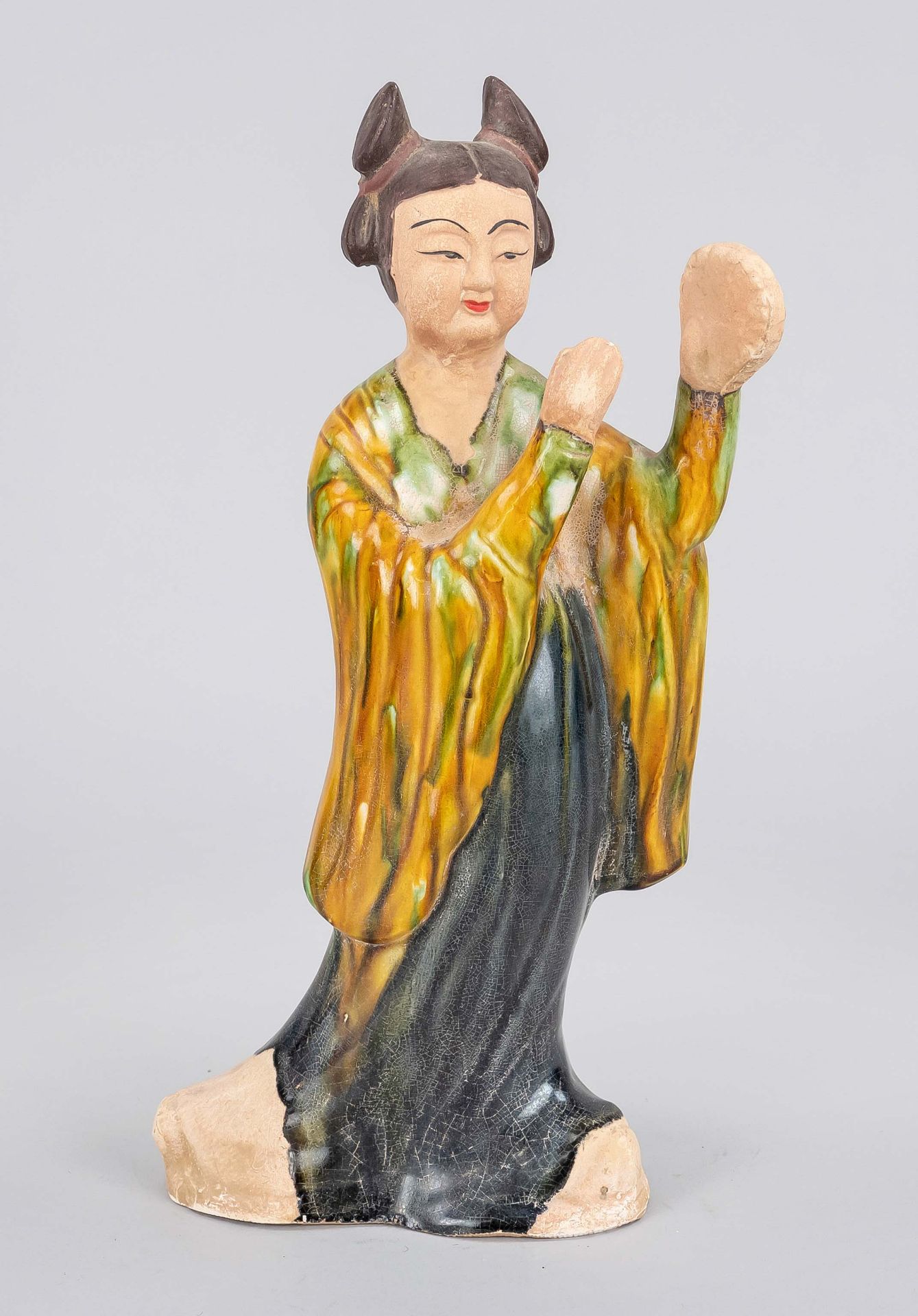 Sancai tomb figure with tambourine, China, Republic period(1911-1949), earthenware with cold