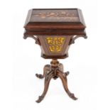 Small needlework/sewing table, 19th century, walnut, conical body with fretwork, under hinged lid