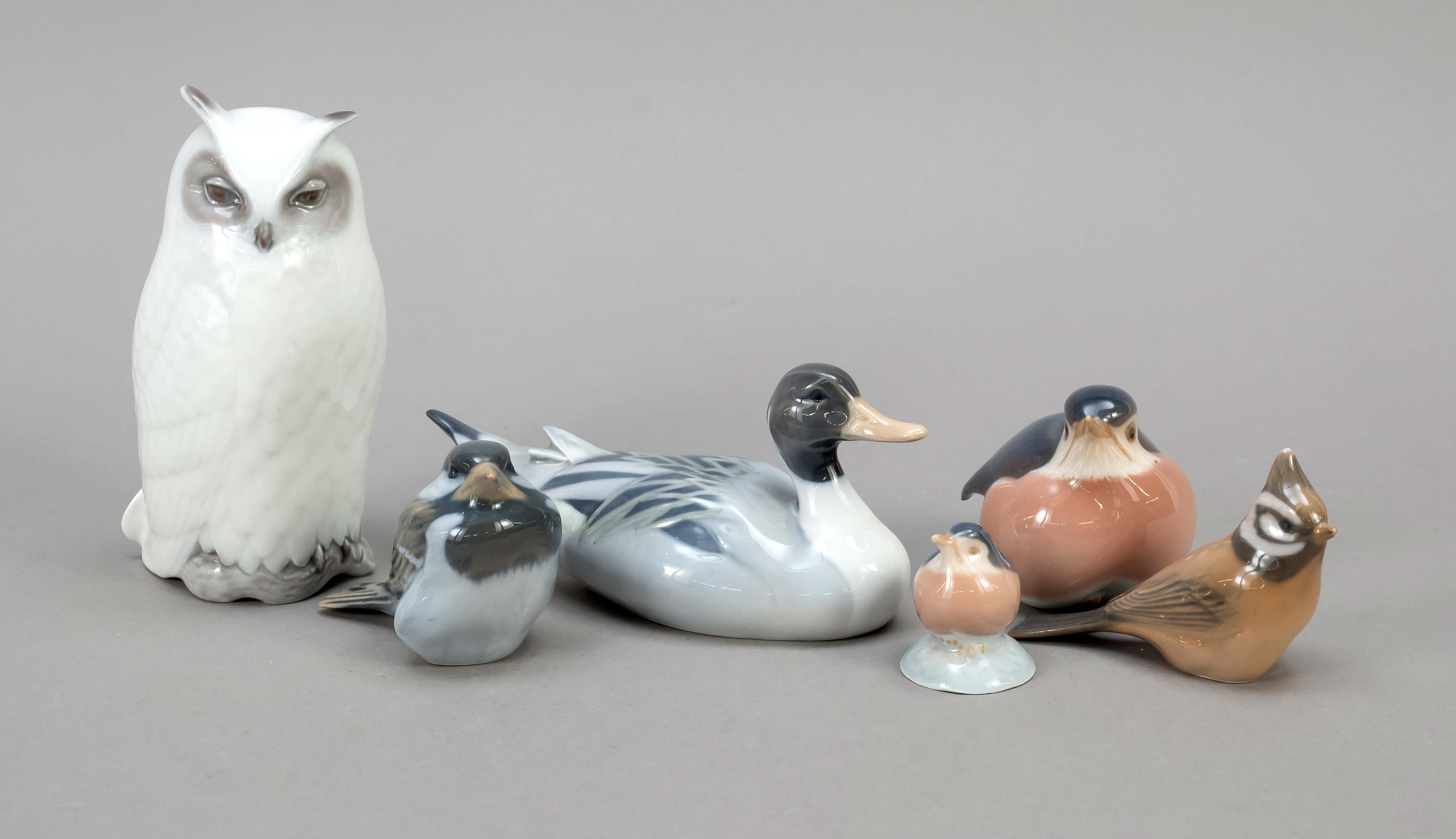 Six figures, Royal Copenhagen, 20th century, snowy owl, design Theodor Madsen (1880-1965), model no.