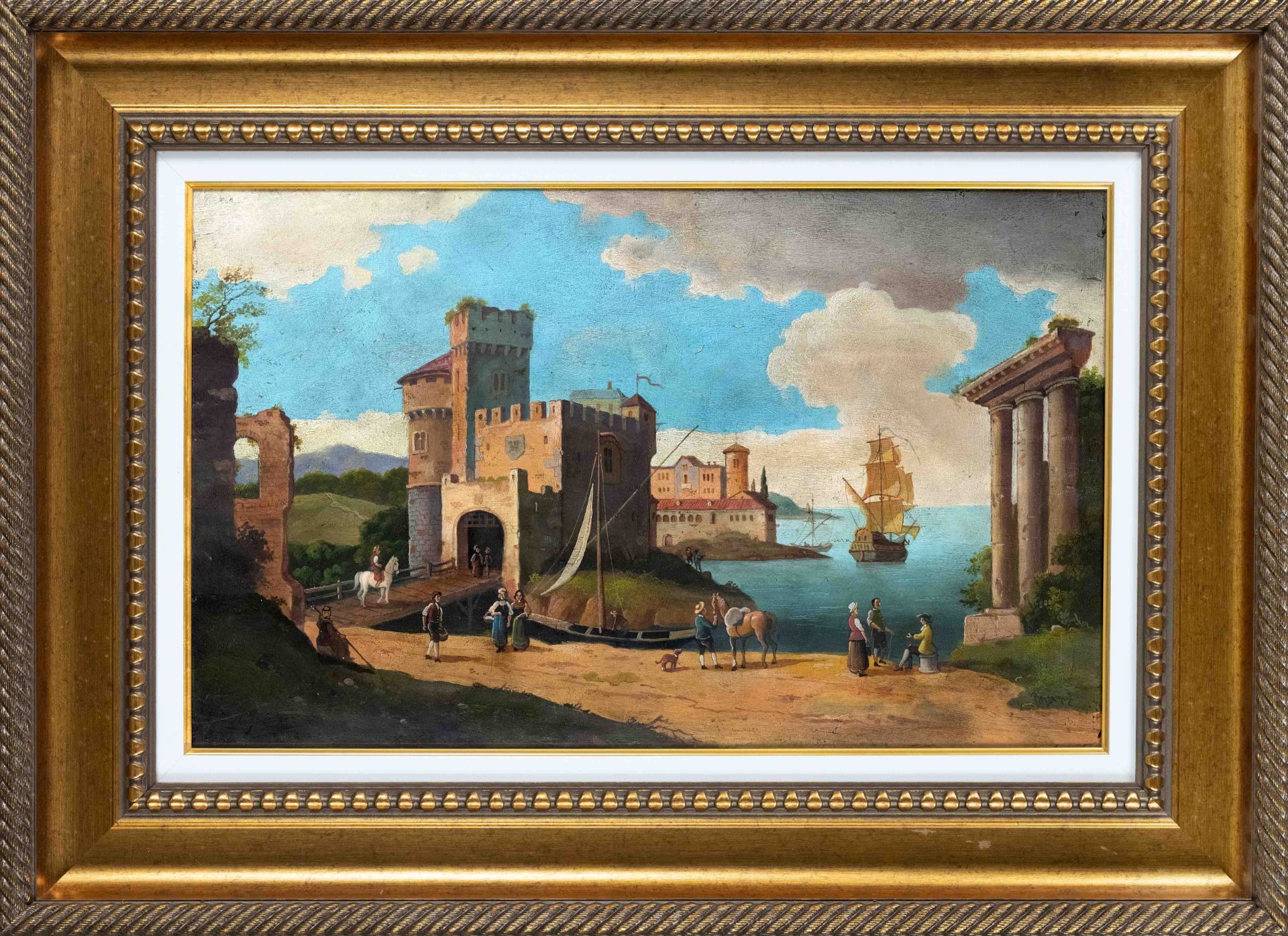 signed Bergamini, ital. Painter of the 19th century, harbor scene with fortress and staffage in