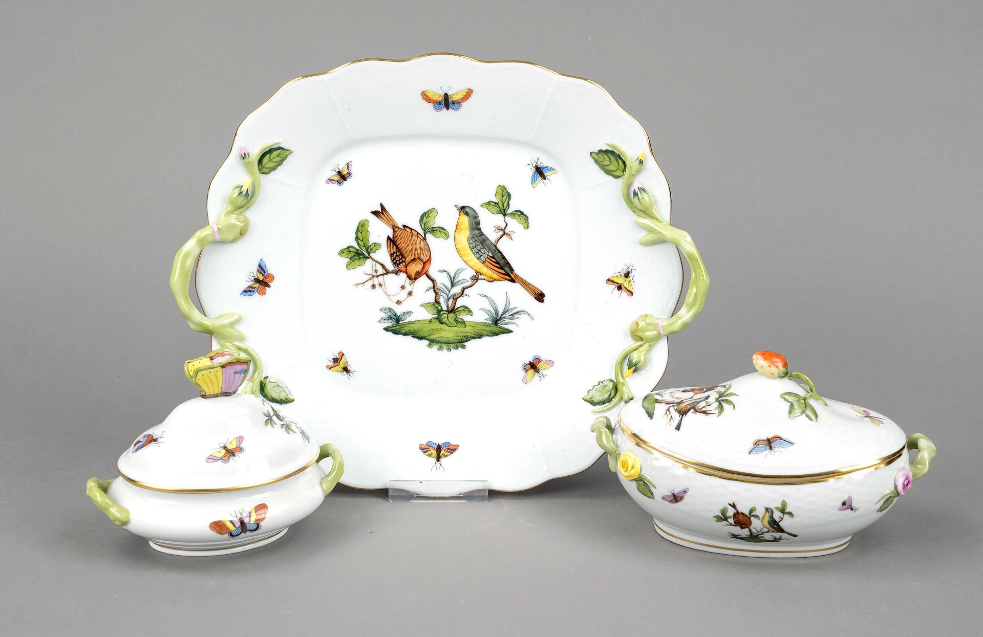 Three serving pieces, Herend, Hungary, late 20th century, Rothschild décor with birds and insects,