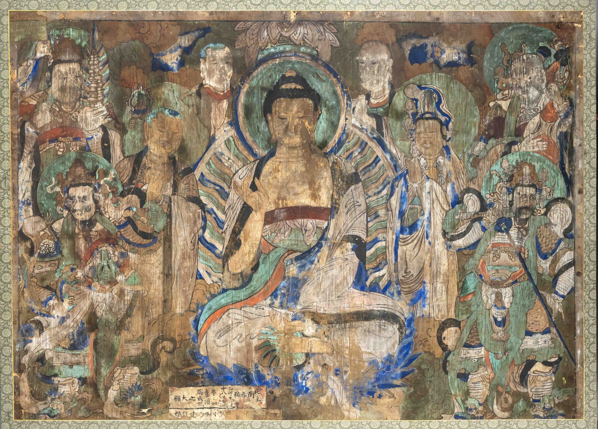 Buddha gathering, China, 19th/20th century(?), textile ground with ink and colors on canvas,