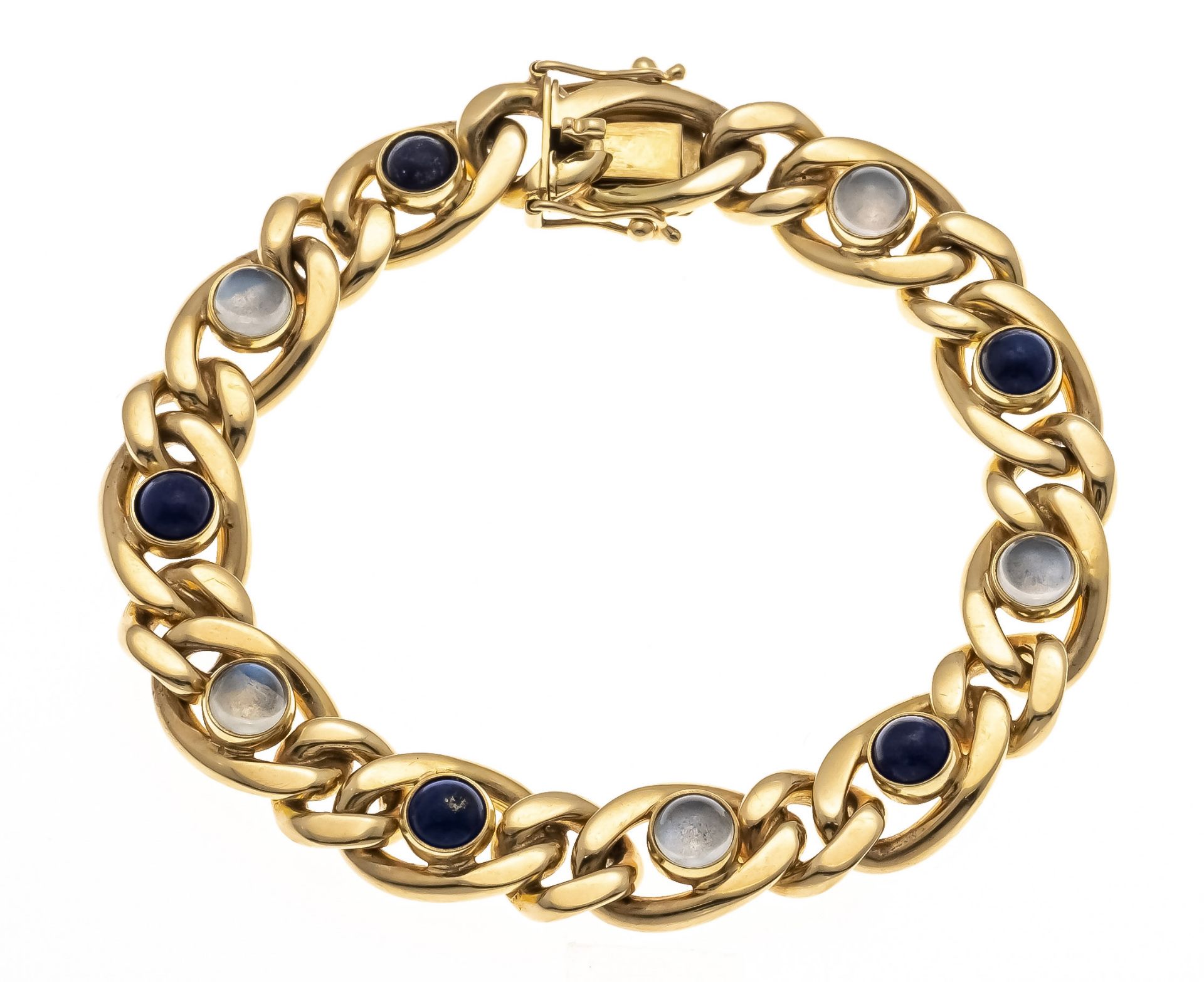 Lapis lazuli moonstone bracelet GG 585/000 with lapis lazuli and moonstone cabochons 5 mm, box clasp