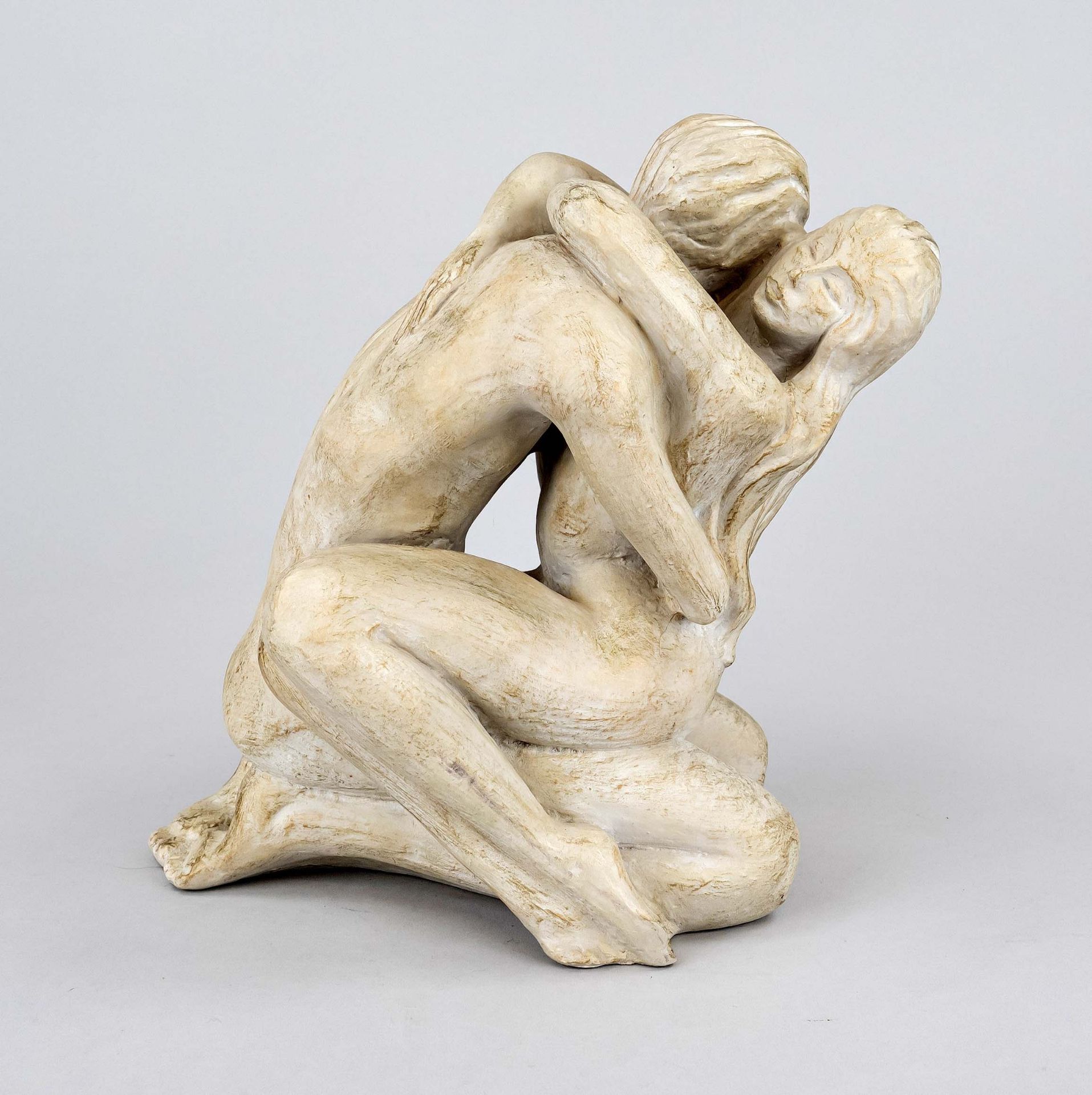 Contemporary sculptor, pair of lovers, large group made of solid art mass, gray and gold painted,