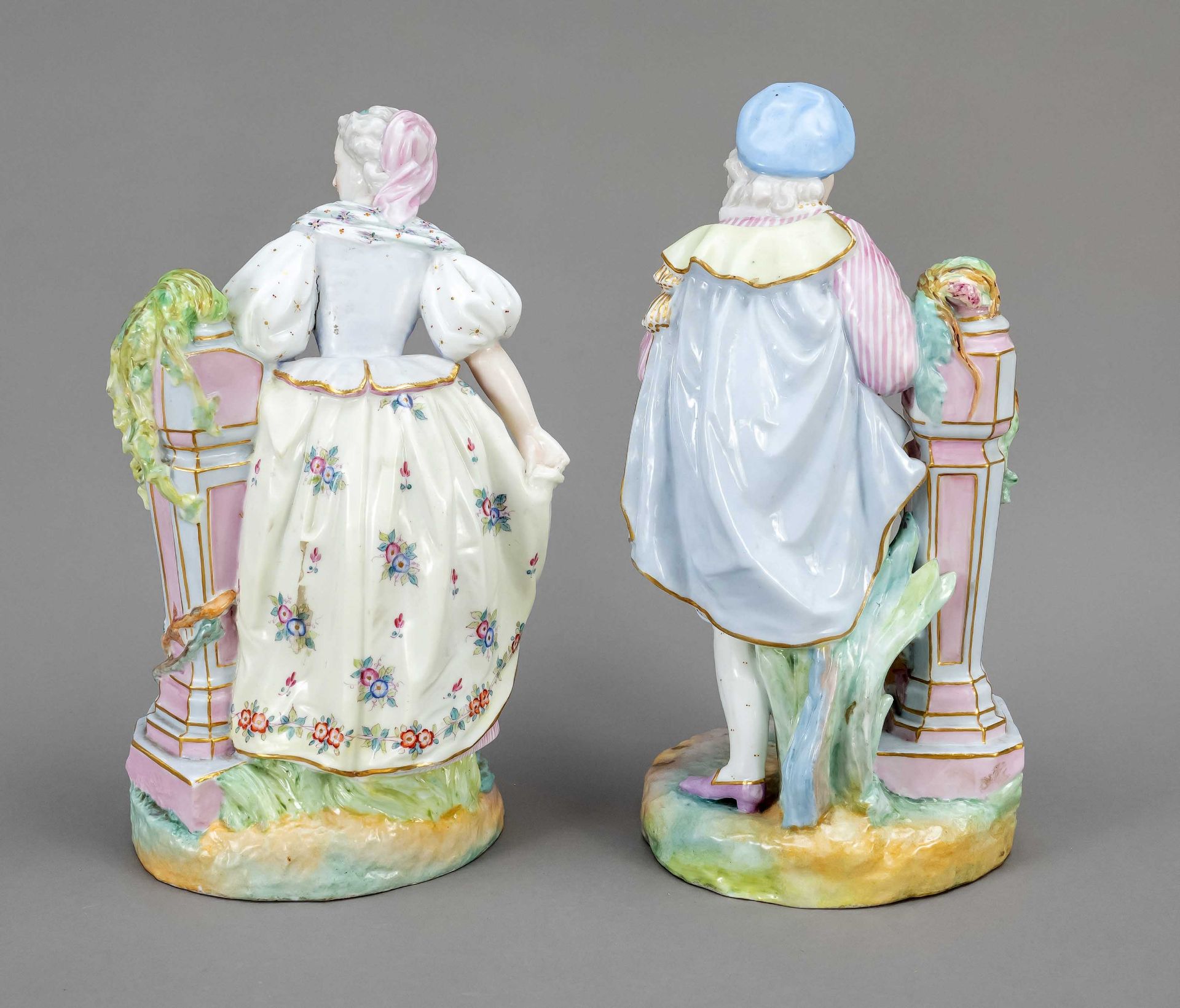 Gallant pair, w. Chelsea, England, 20th c., elegant rococo lady and cavalier standing at flower - Image 2 of 2