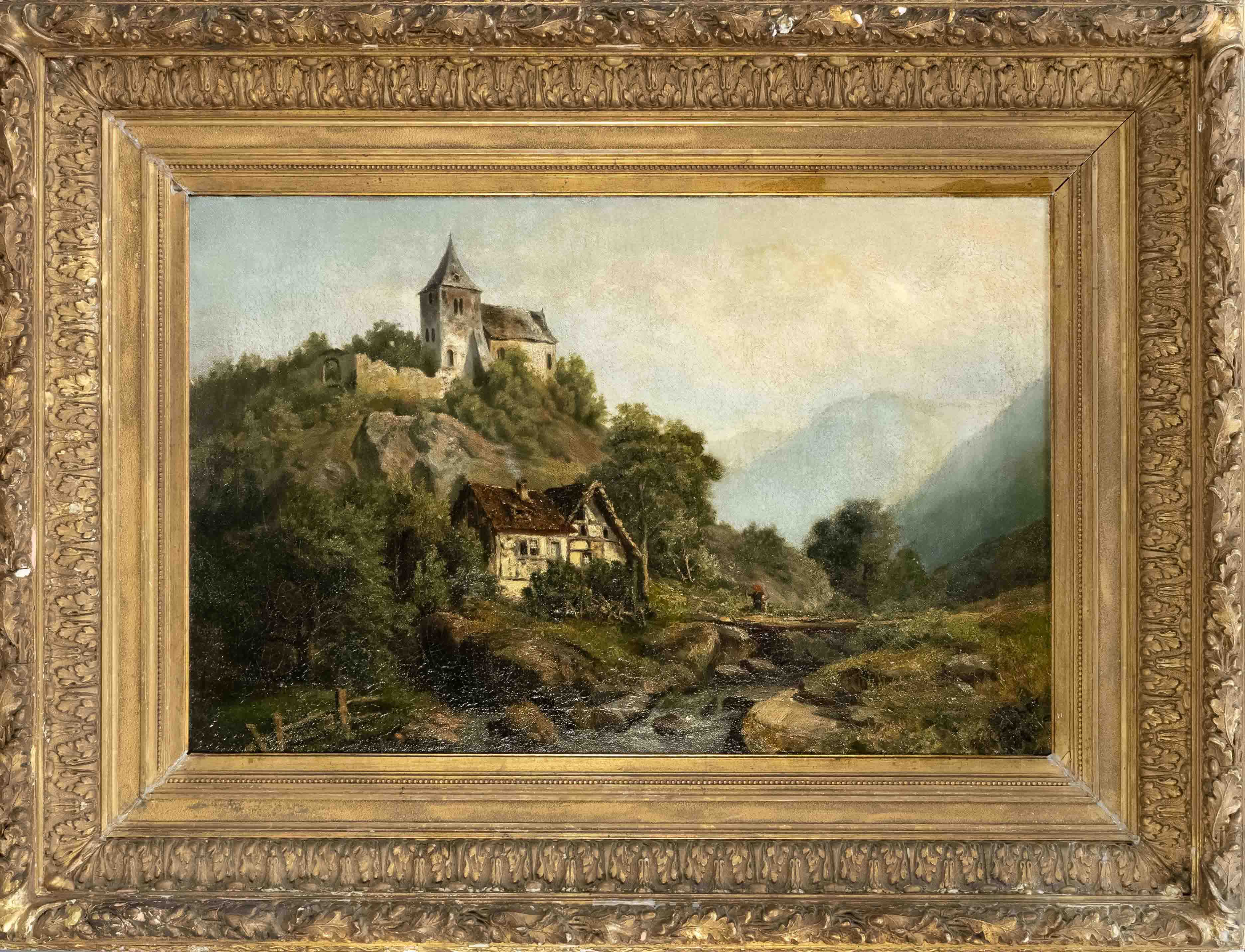 signed Gruber, mid 19th century, romantic mountain landscape with church and hut at the torrent with