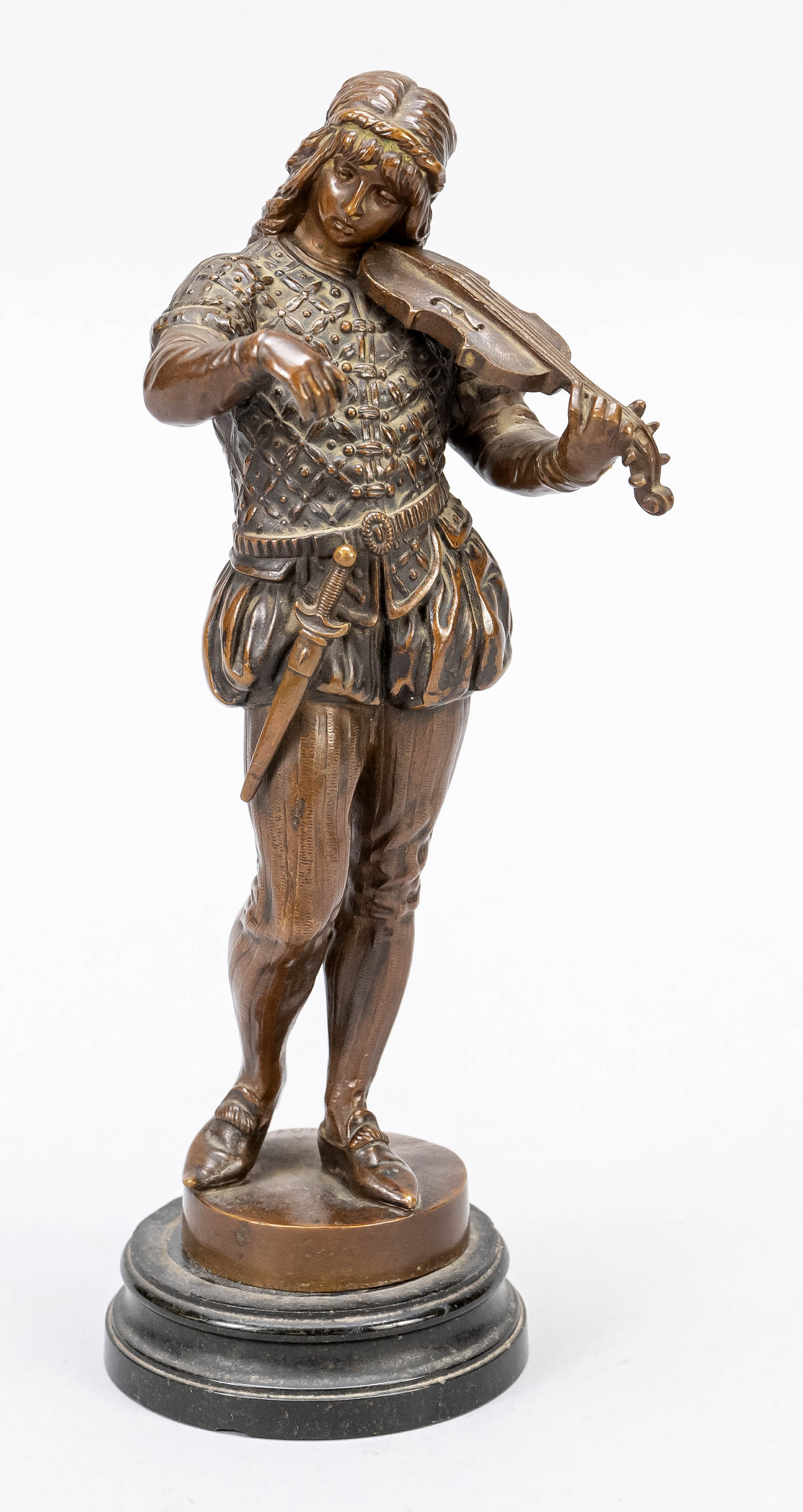 Sculptor around 1900, violinist in medieval costume, brown patinated bronze on round stone base,
