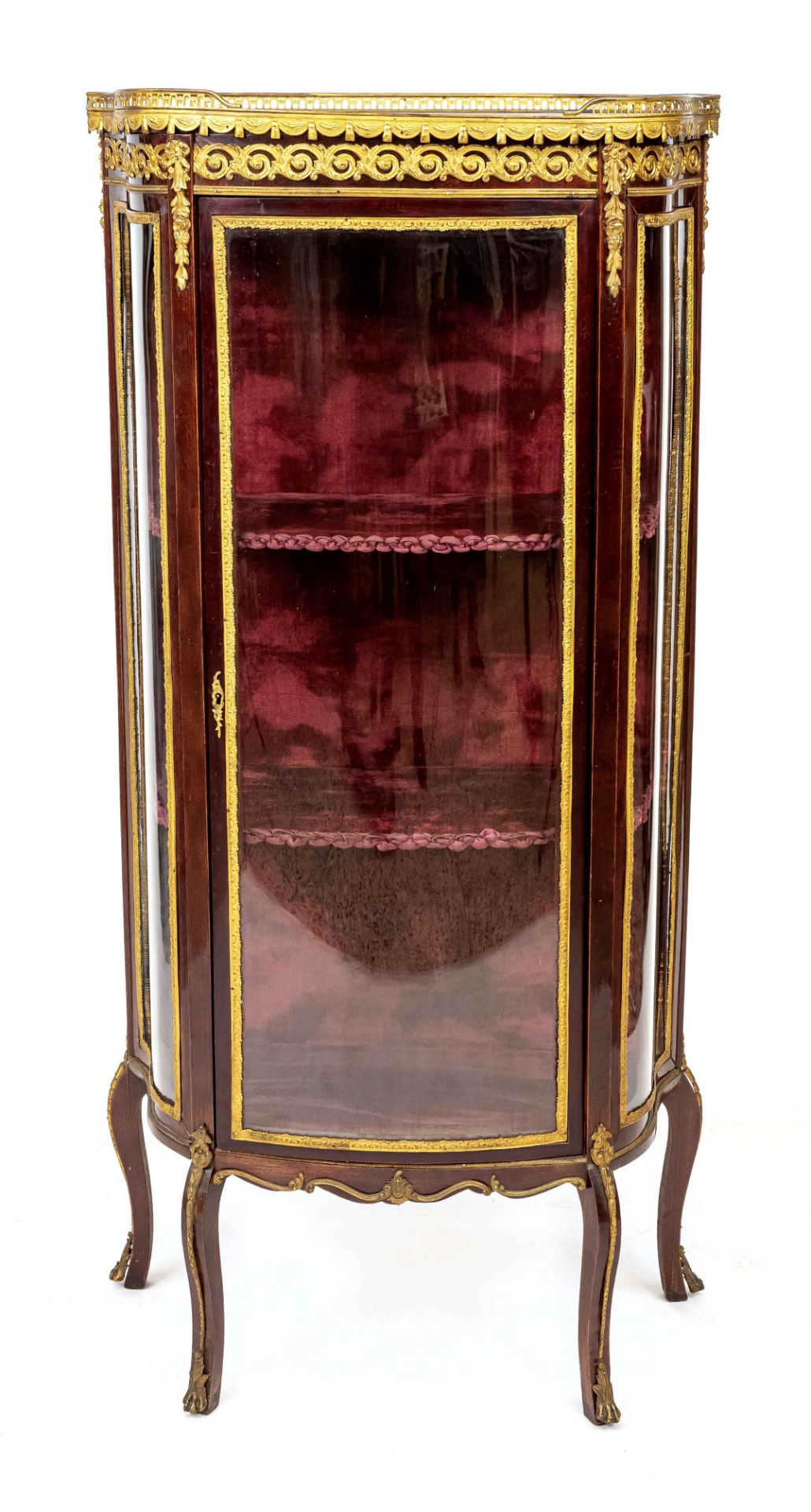 French display cabinet circa 1900, mahogany, glazed on 3 sides, curved 1-door body, gilded brass