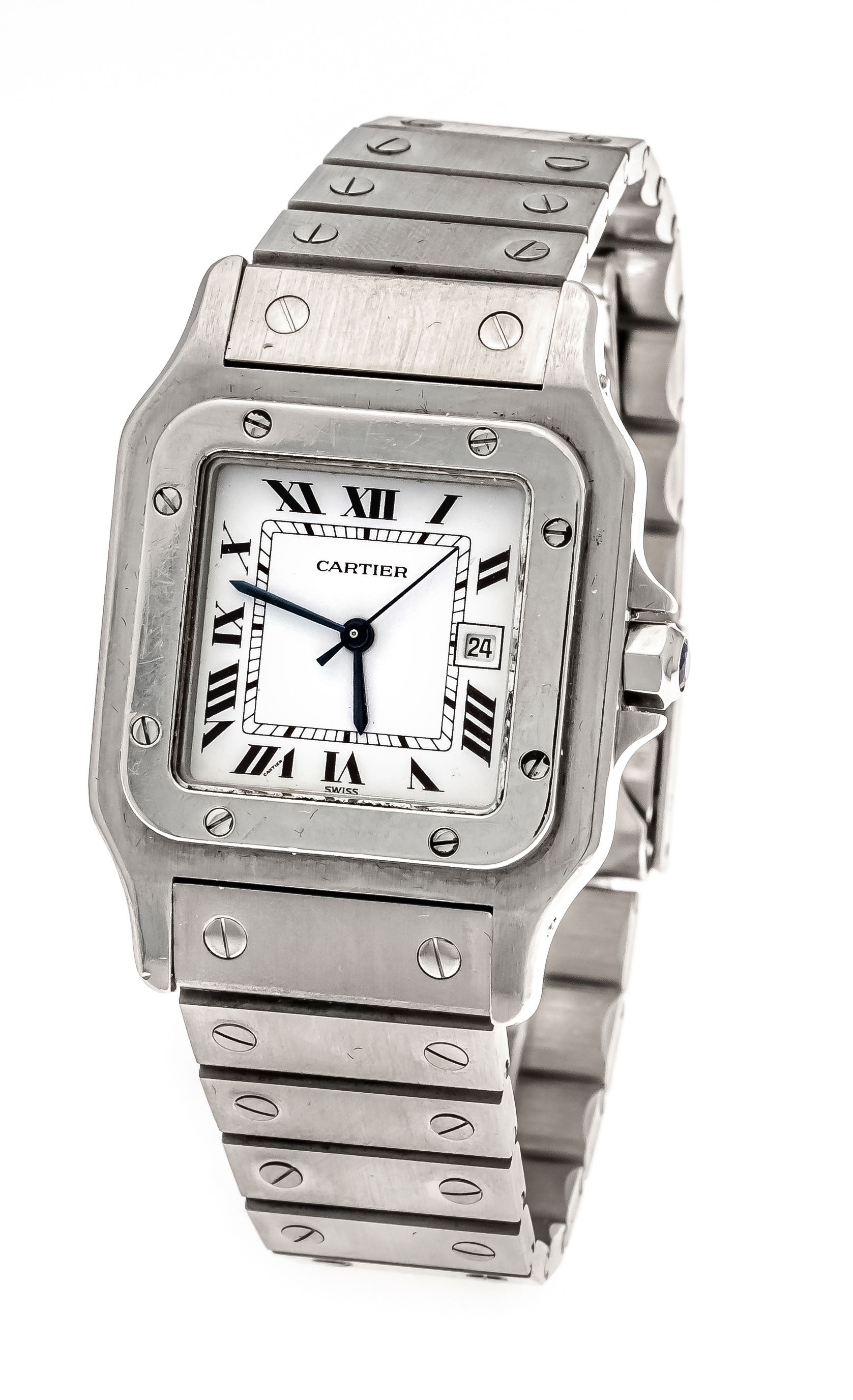 Cartier Santos steel, men's watch, automatic, from 1980, white dial with black roman numerals,