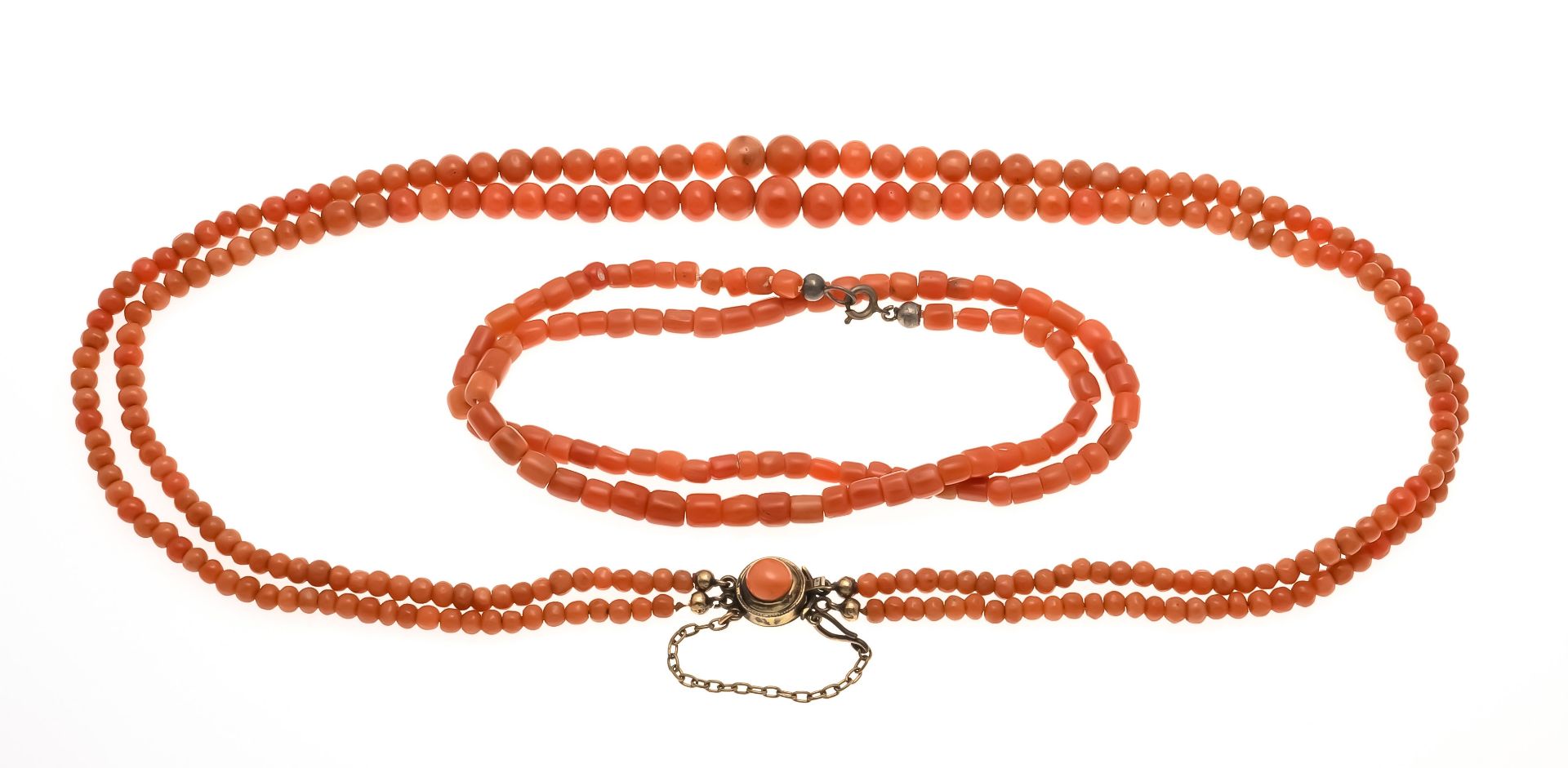 2 coral necklaces, 1 x with box clasp and SI chain metal, 2-row strand of coral balls 8 - 3.5 mm,