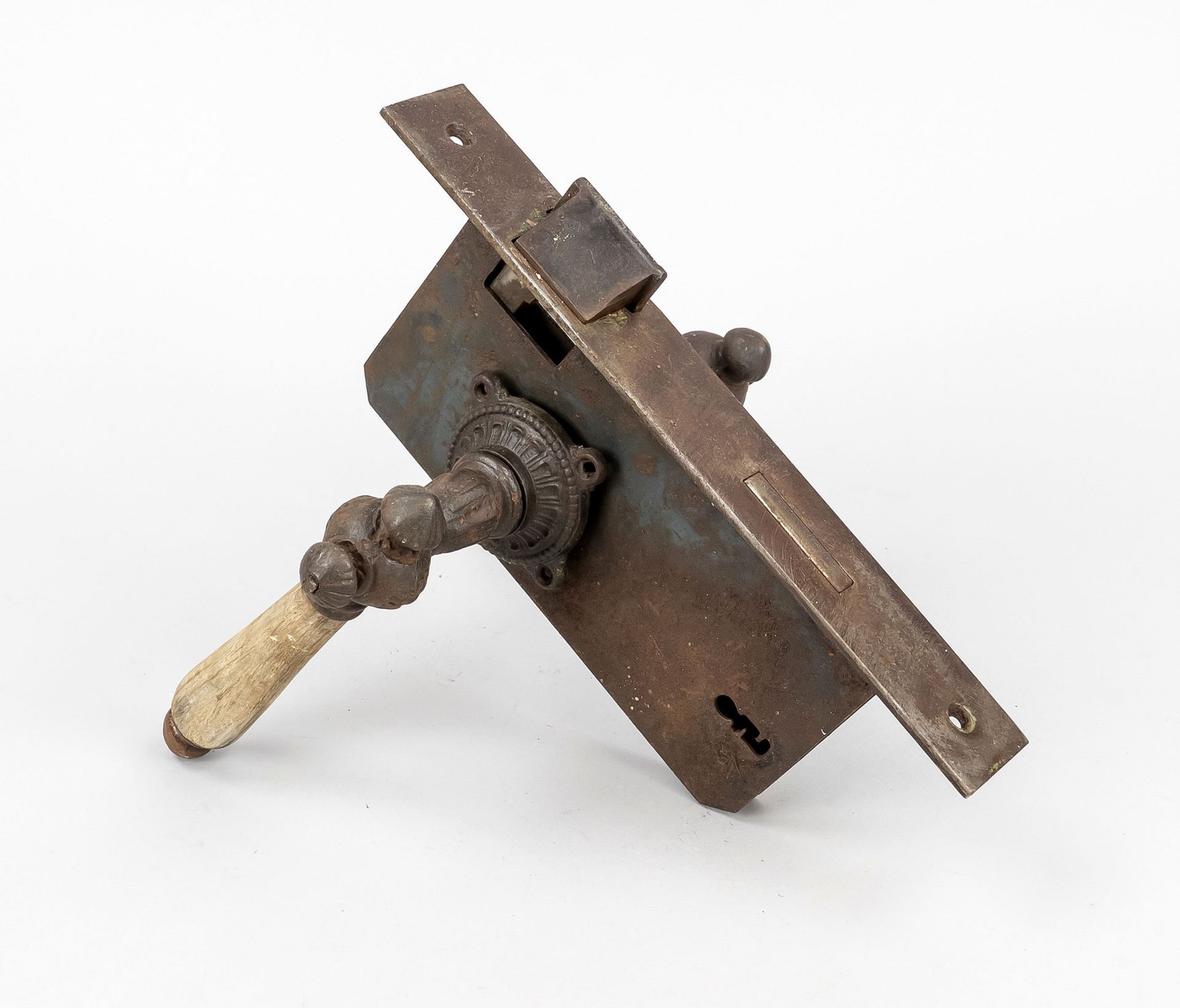 Door set with box lock, 19th c., iron, wooden handle, without key, h. 29 cm