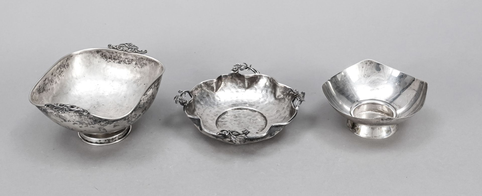 Two small bowls and a tea light holder, 20th century, different makers, silver different