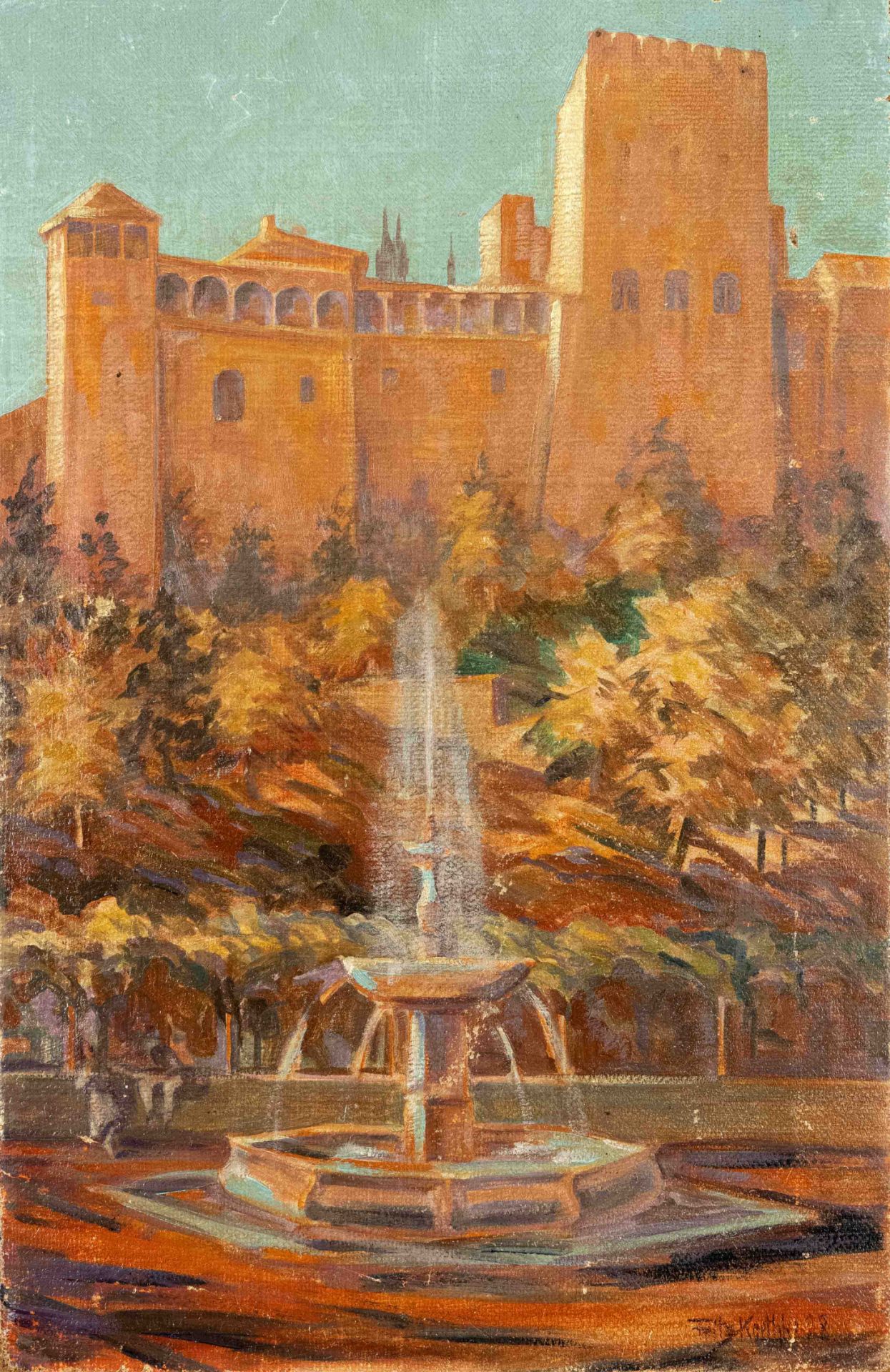 Fritz Koethke, German artist 1st half 20th century, castle view with fountain, oil on linen,