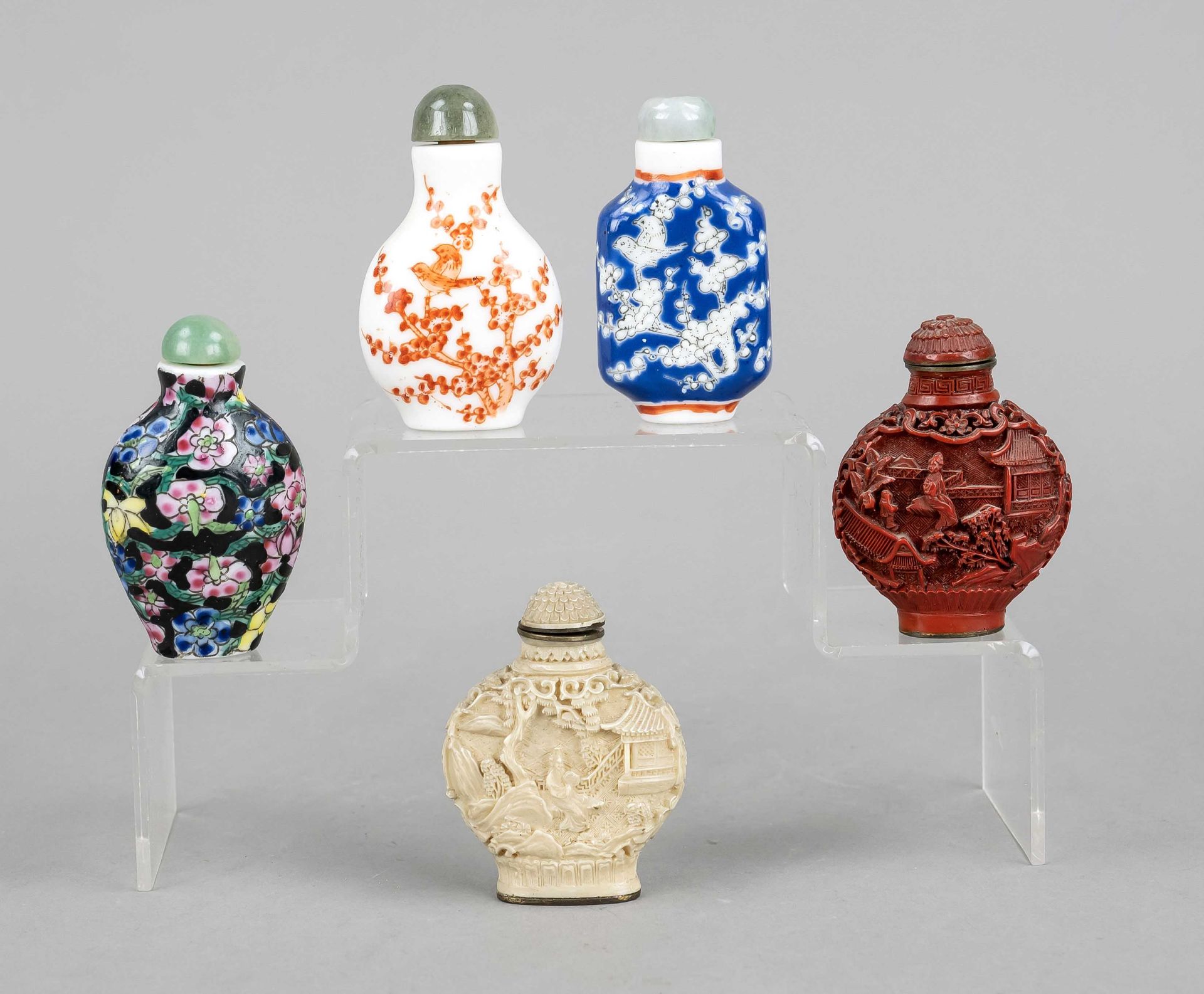 5 snuff-bottles, China, 20th c., different techniques and materials, 4 of them with mark, one lid