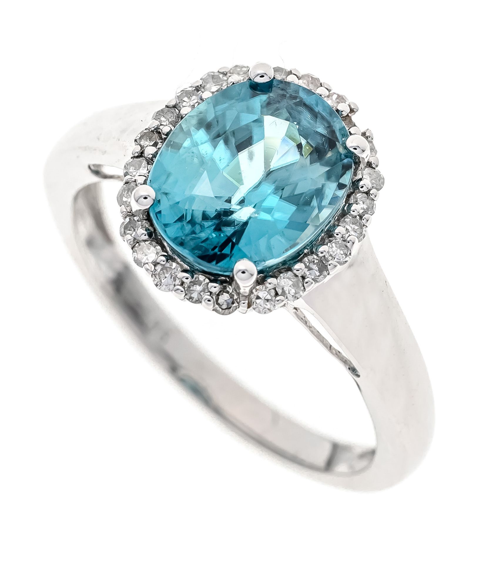 Zircon diamond ring WG 585/000 with one oval faceted blue zircon 10 x 8 mm and 23 octagonal