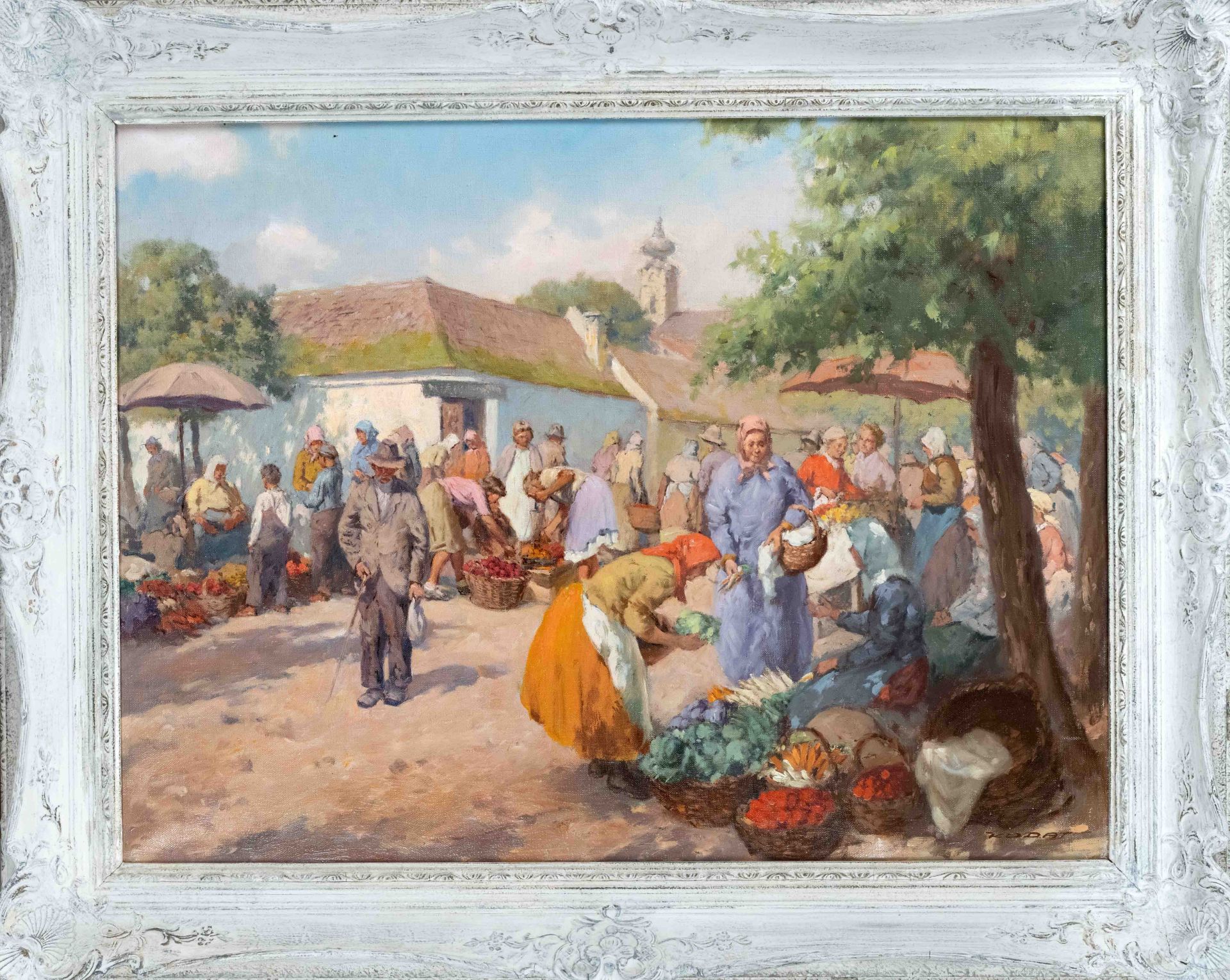 Bela Kodat (1908-1986), Hungarian artist, Vegetable Market, oil on canvas, signed lower right, 60