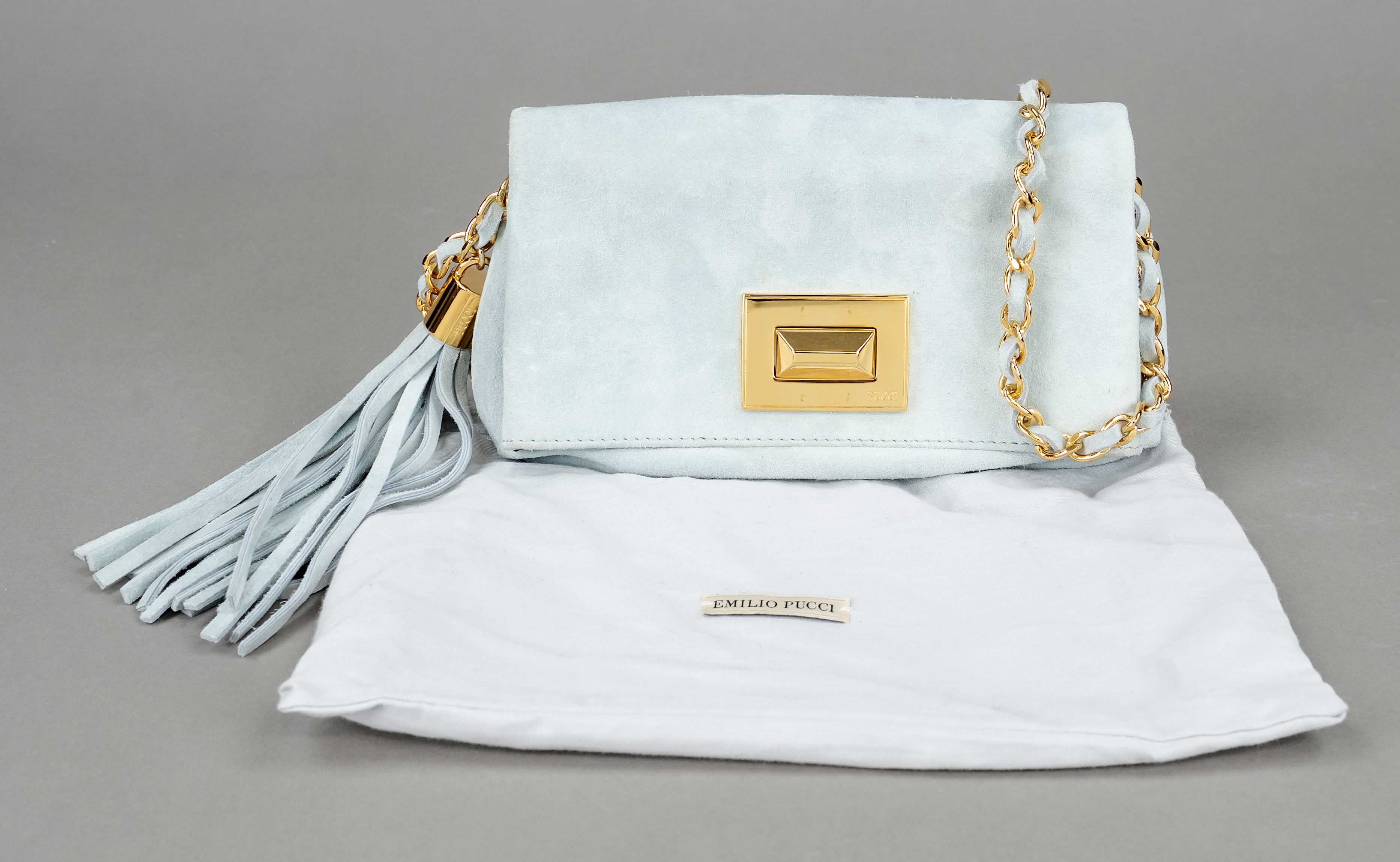 Emilio Pucci, Small Shoulder Bag, dove blue suede, gold-tone hardware, leather interwoven link chain