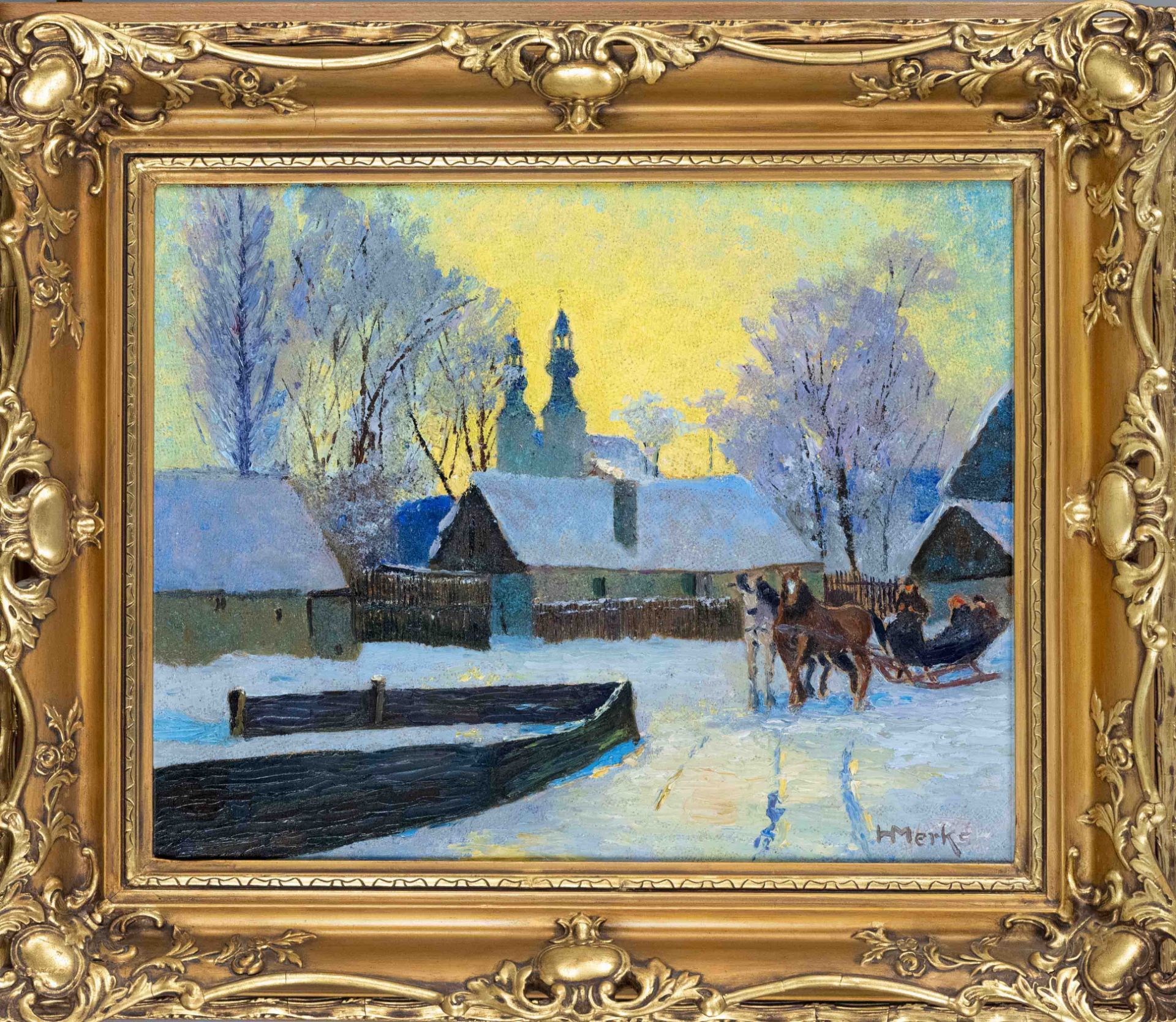 H. Merks, mid-20th century, Dorfidyll im Winter, oil on canvas, signed lower right, inscribed on