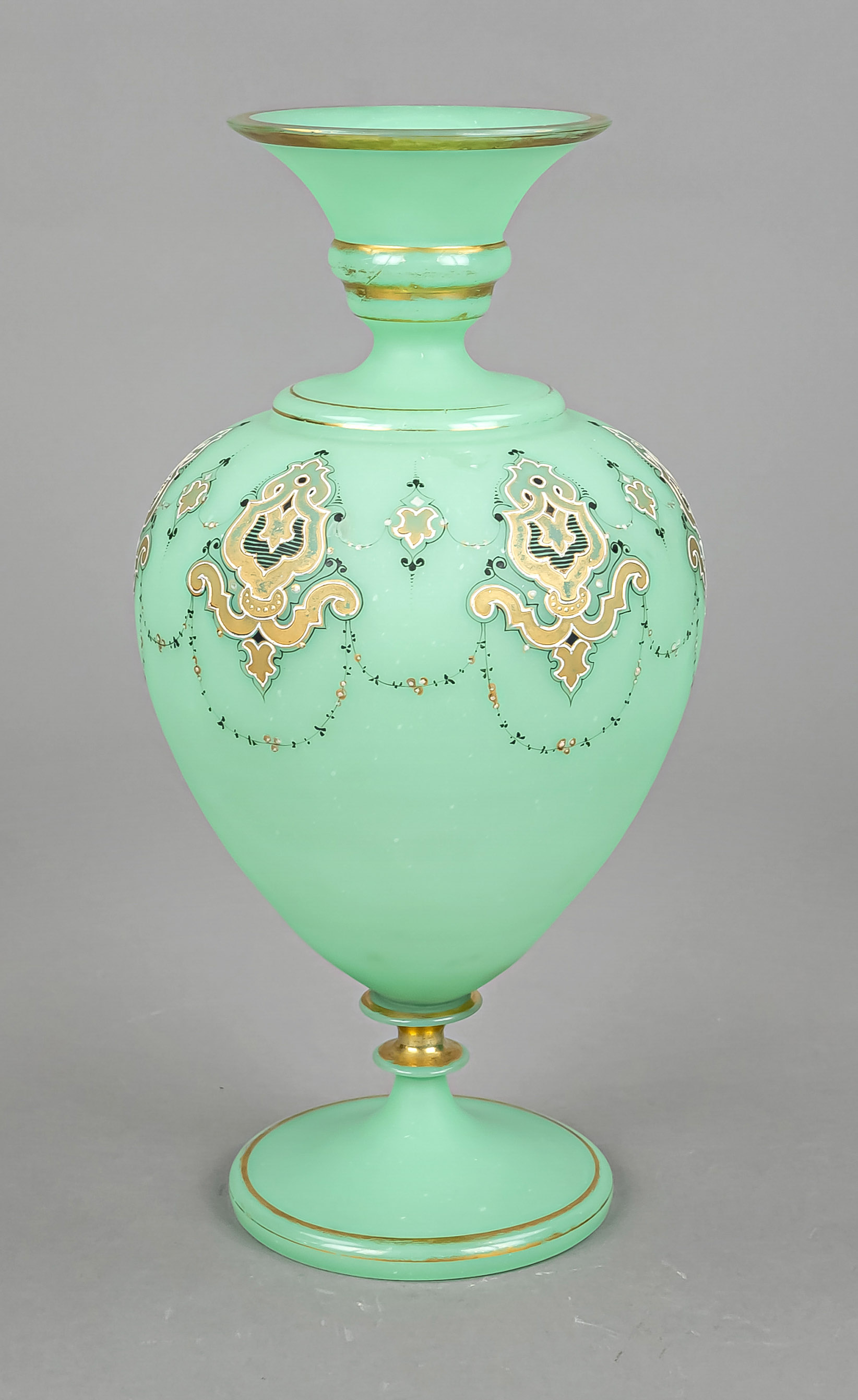 Milk glass vase, Bohemia, end of 19th c., round stand, short shaft, oval body, slender neck,