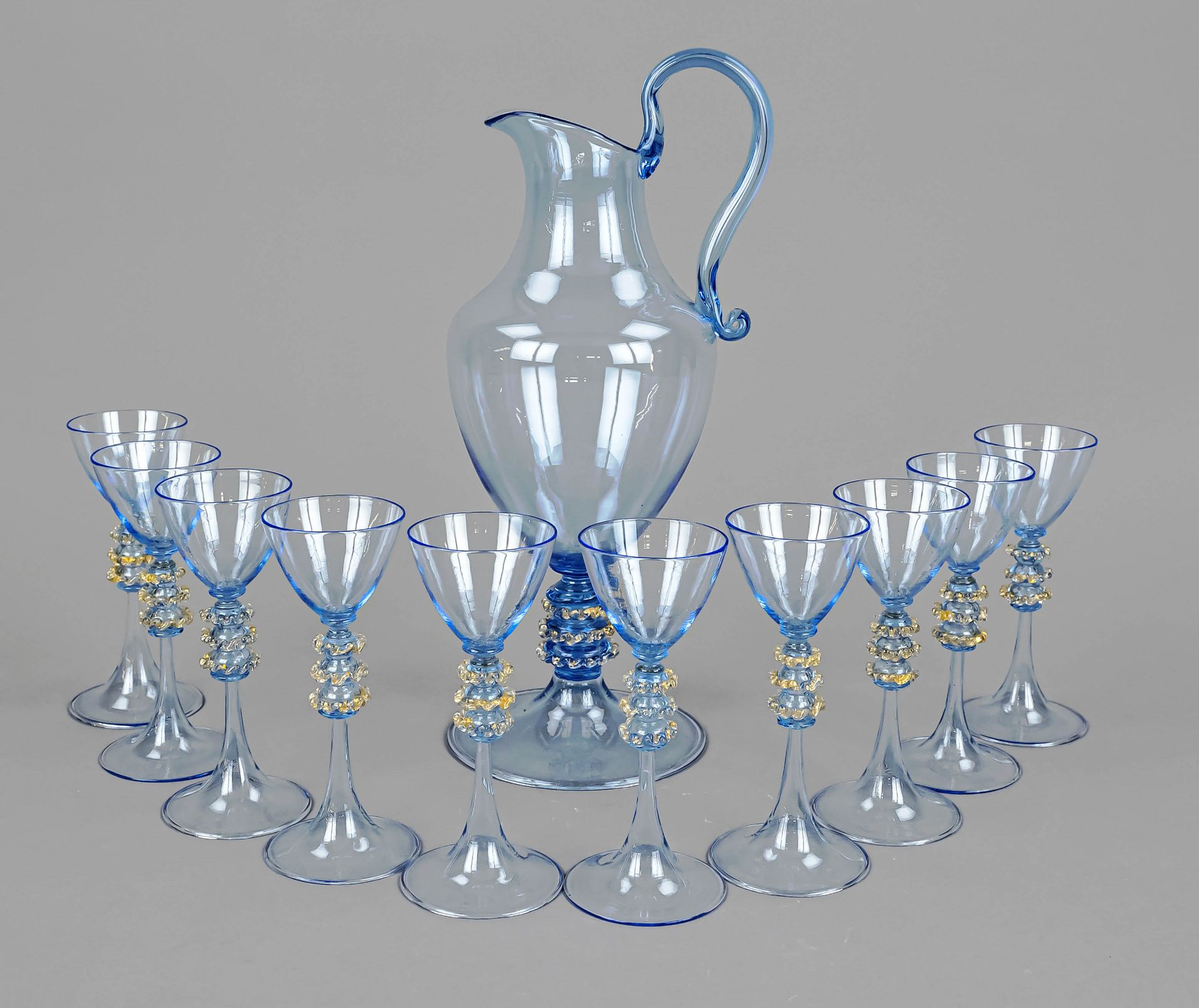 Eleven piece liqueur set, Italy, 20th c., Murano, 10 liqueur glasses, trumpet shaped stand, stem