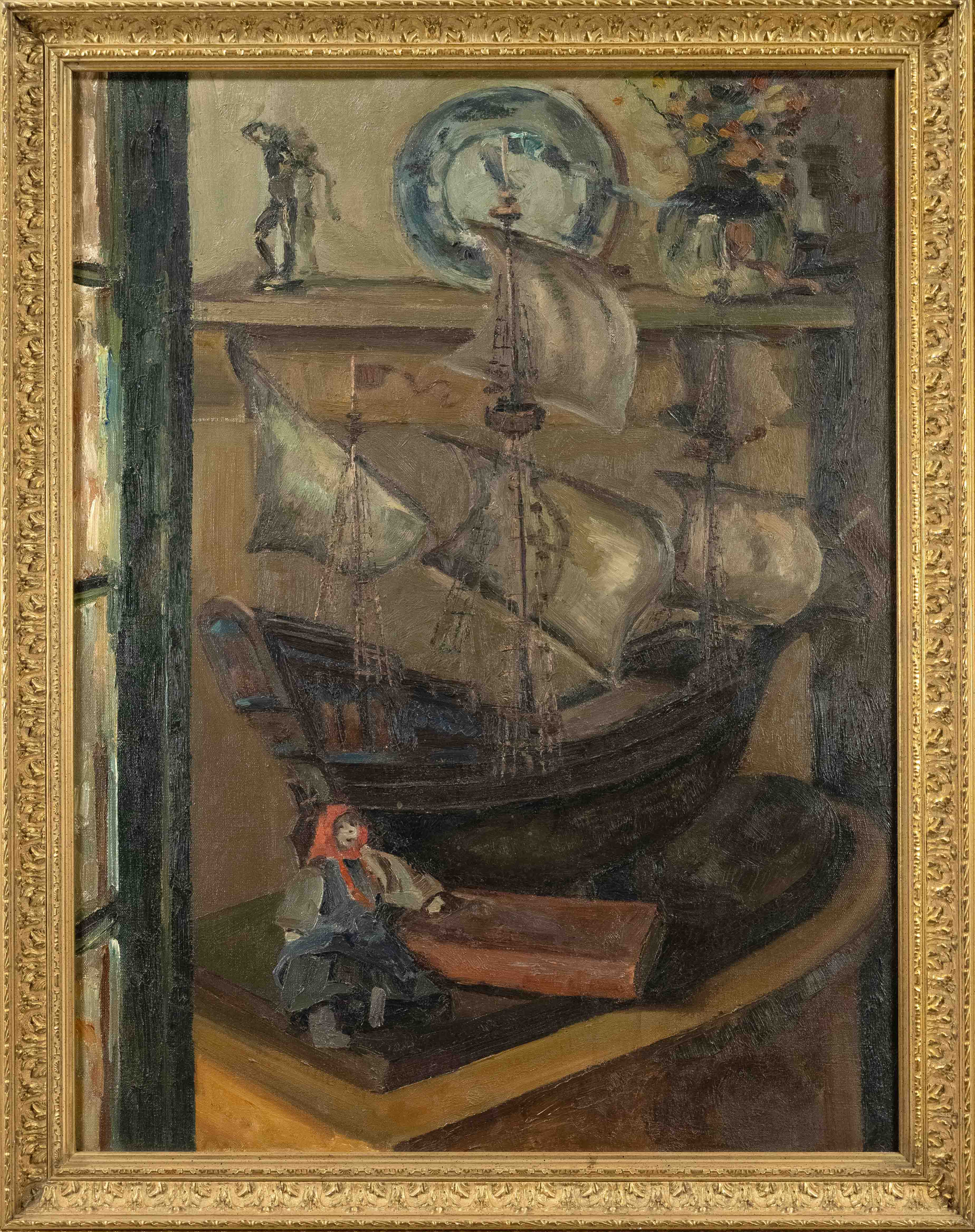 C. Lisen, 1st half 20th century, Still life with model ship and doll, oil on canvas, signed lower