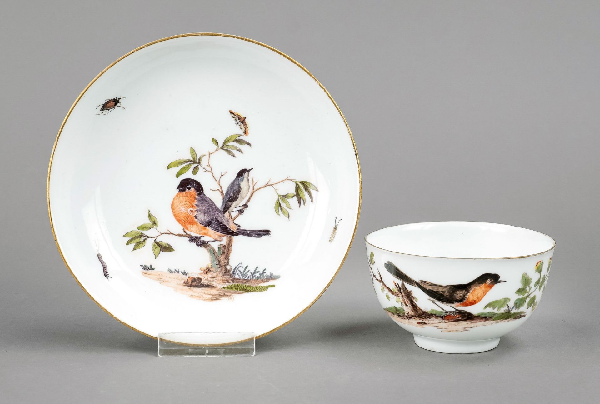 Little cup with a saucer, Meissen, 18th century, 1st choice, half-round form, polychrome painting,