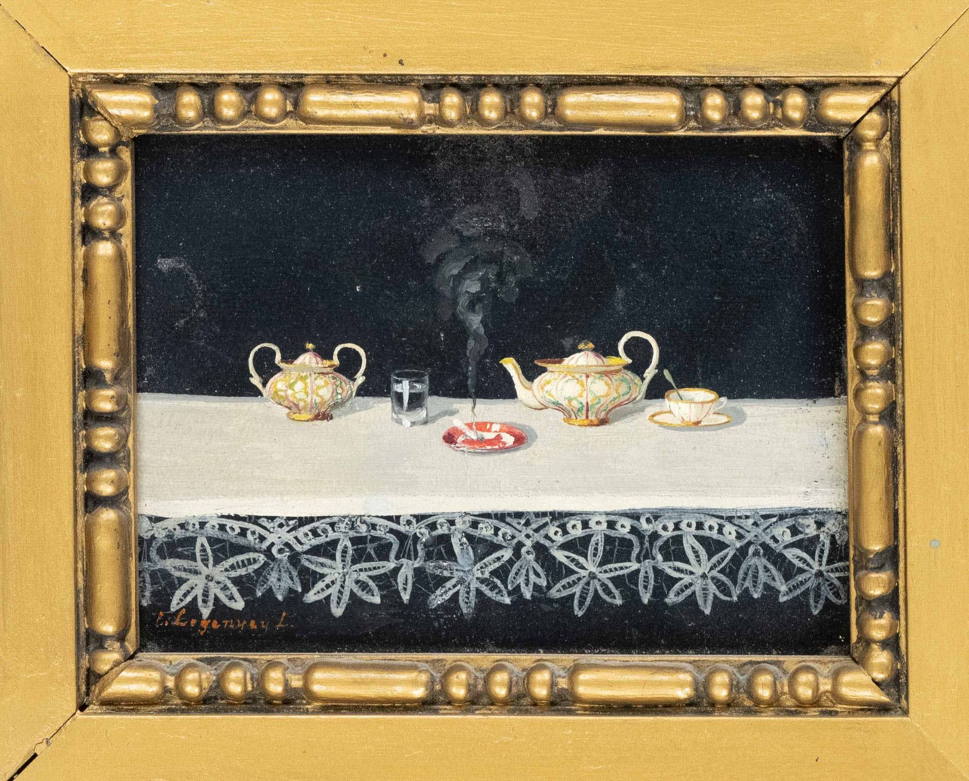 Unidentified painter 1st half 20th c., Still life with with tea set and burning cigarette, oil on