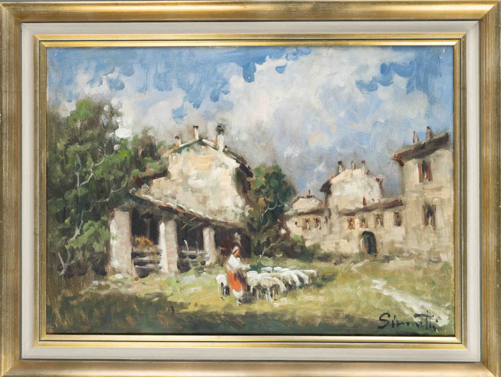 signed Simonetti, Italian painter 1st half 20th century, ''Motivo Rustico'', shepherdess with herd