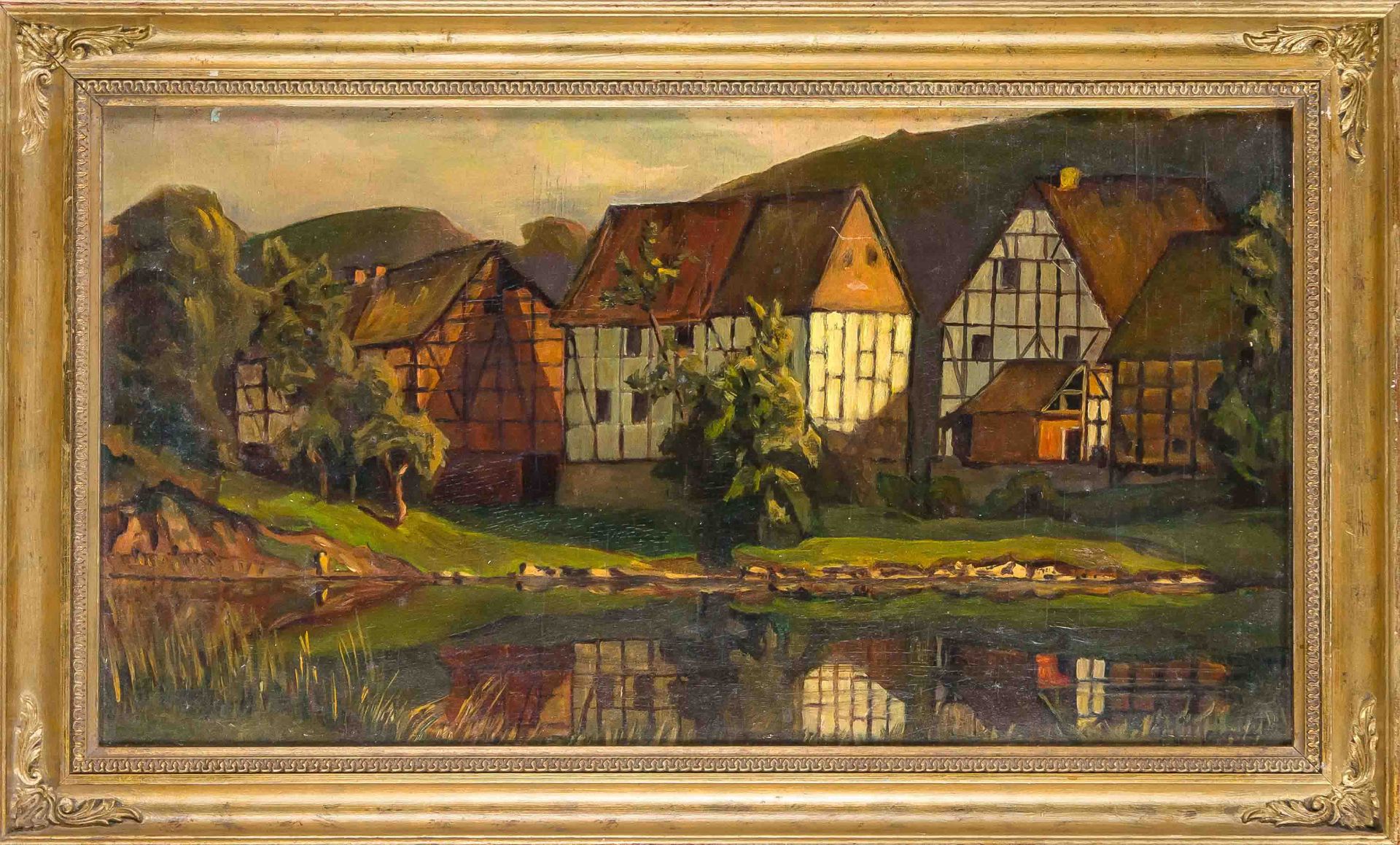 Georg Michael Meinzolt (1863-1948), landscape painter from Hamburg. View of a village with half-