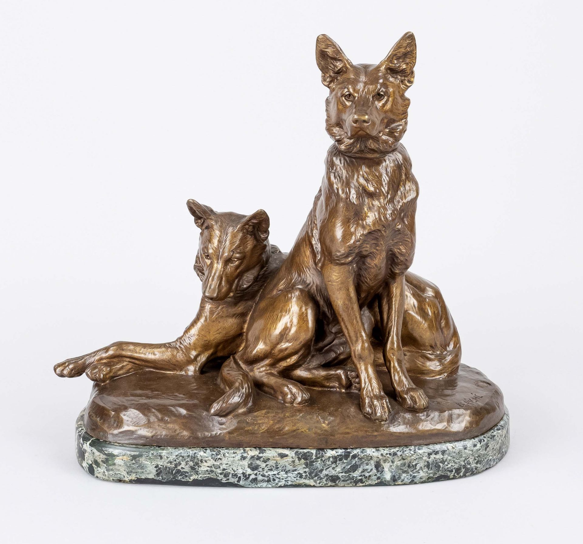 Louis Riché (1877-1949), French sculptor, large group of two shepherd dogs, gold-brown patinated