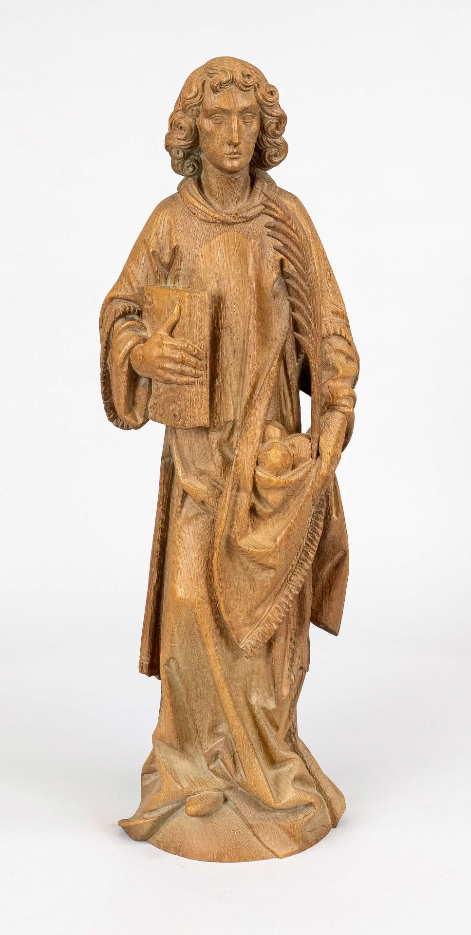 20th c. sculptor, standing figure of St. Stephen with Bible, stones and martyr's palm, oak wood