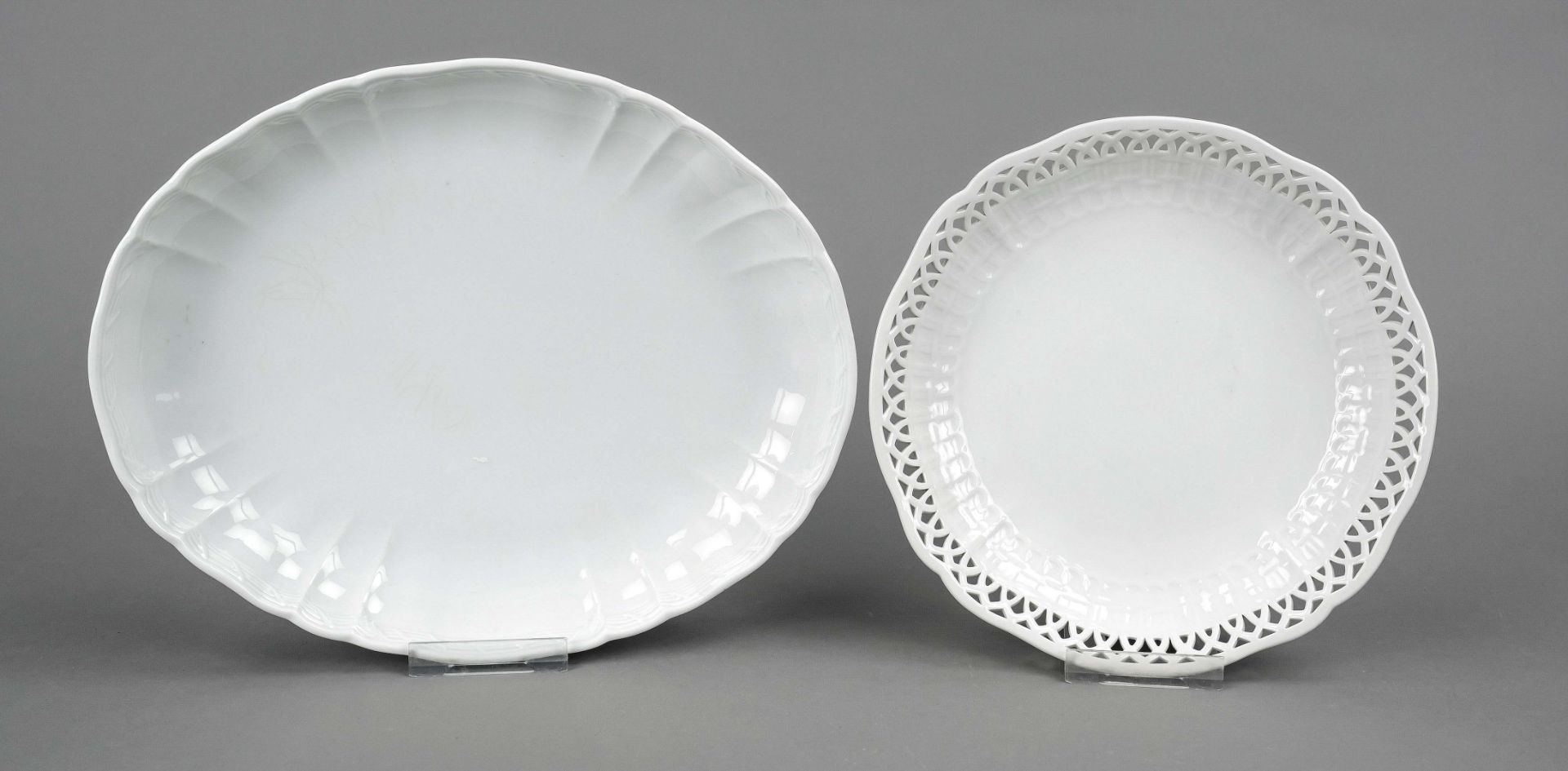 Two bowls, KPM Berlin, 1x oval, penny mark (1849-70), 1st choice, white, with relief decoration