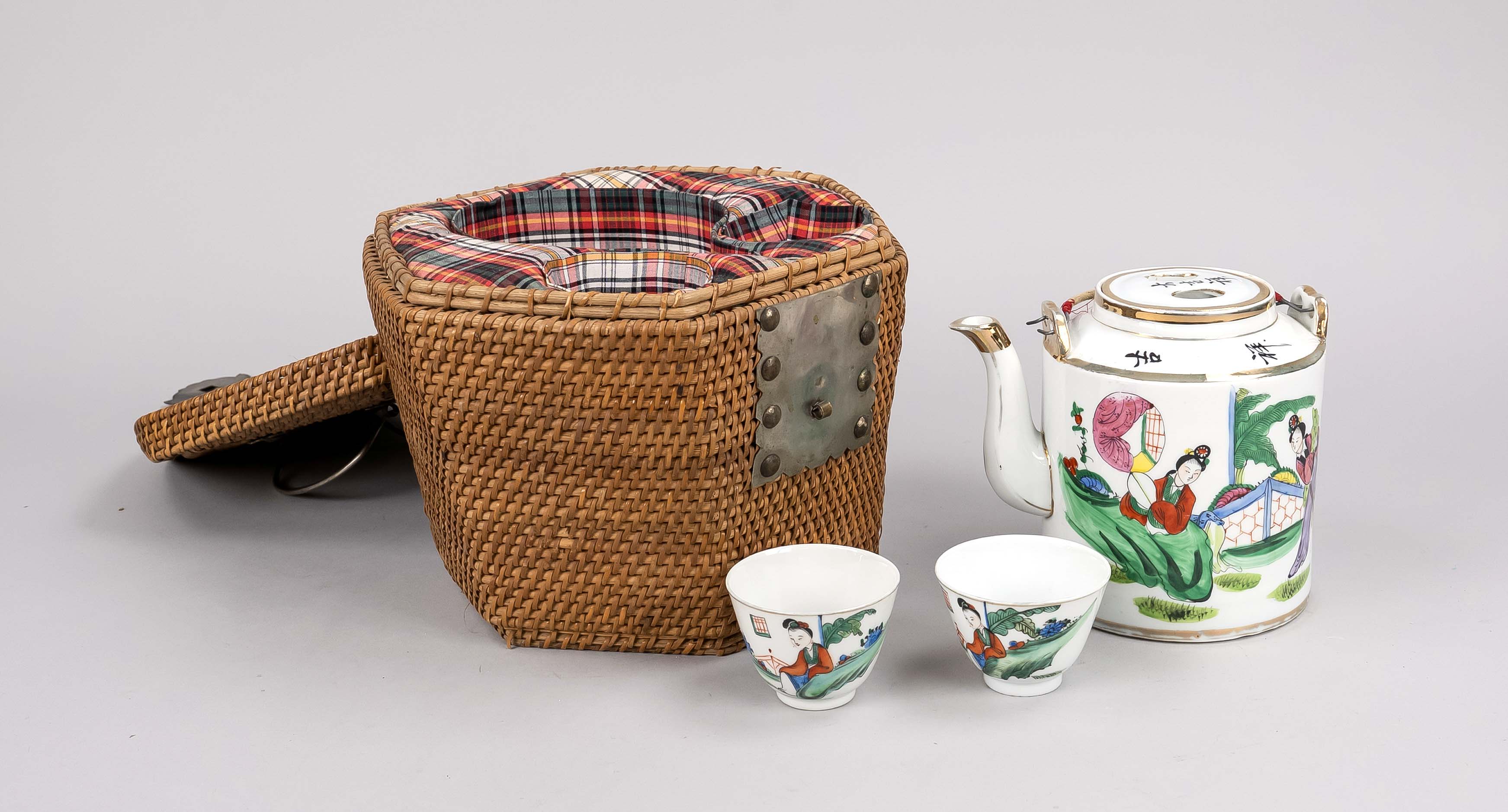 Tea set in basket, China, 20th century, porcelain pot and pair of koppchen, polychrome glaze