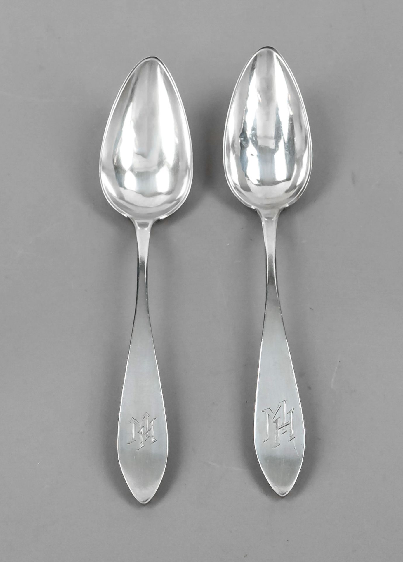 Pair of spoons, German, 18th/19th century, hallmark Greifenberg (Silesia), maker's mark W. M.,