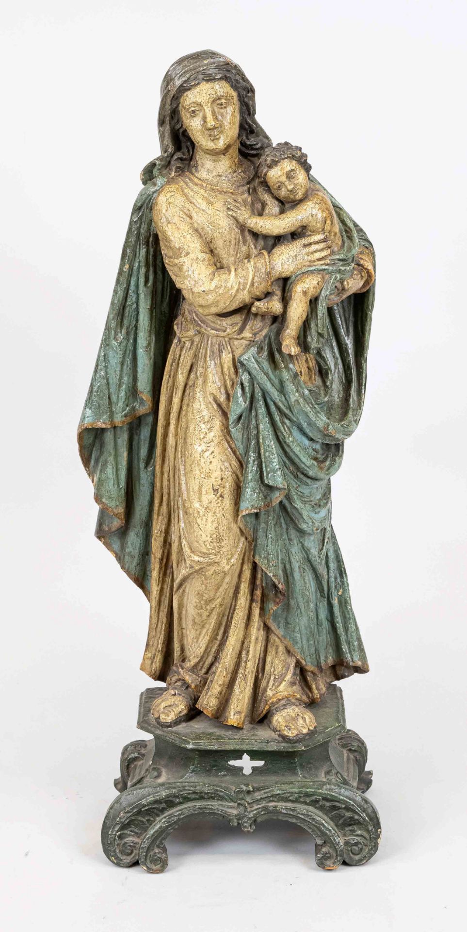 BIldhauer of the 19th century, Madonna with the Child, wooden sculpture flattened on the back, fixed